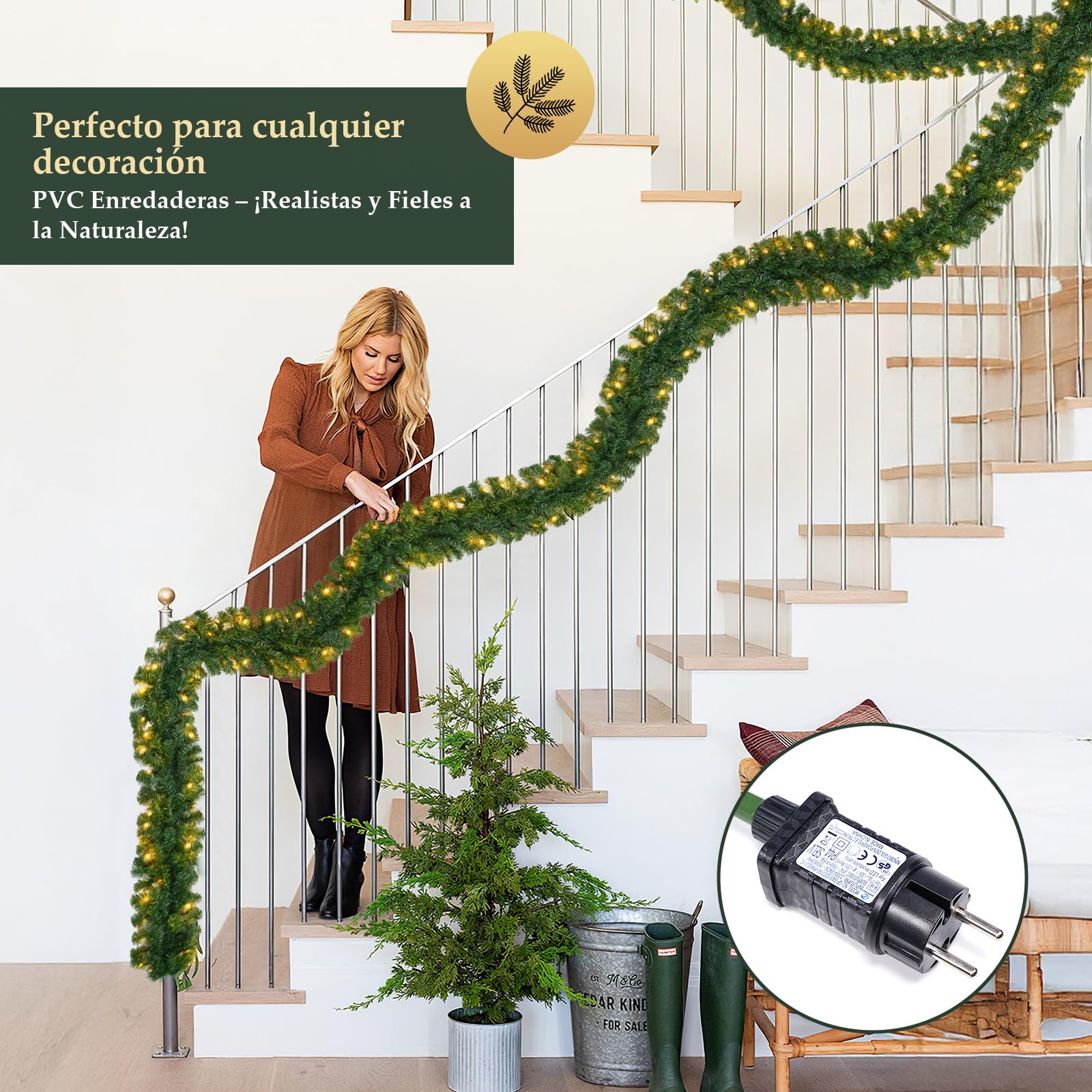 SALCAR Guirnalda de Navidad Verde 5m con 200 Luces LED, Guirnalda de Abeto Decorativa para Chimeneas, Escaleras y Puertas