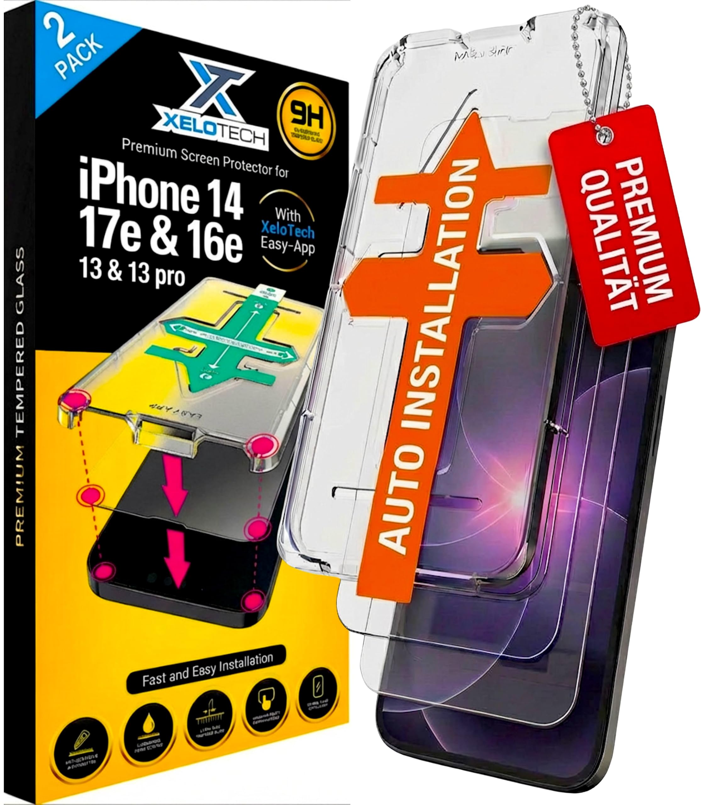 XeloTech für iPhone 17e / 16e /14/13/13 Pro für Panzerglas, Full Screen Auto-Installation Schutzglas 9H+ Härte Stoßfest Kratzfest Anti-Fingerabdruck Anti-Öl Anti-Bläschen, 2 Stück