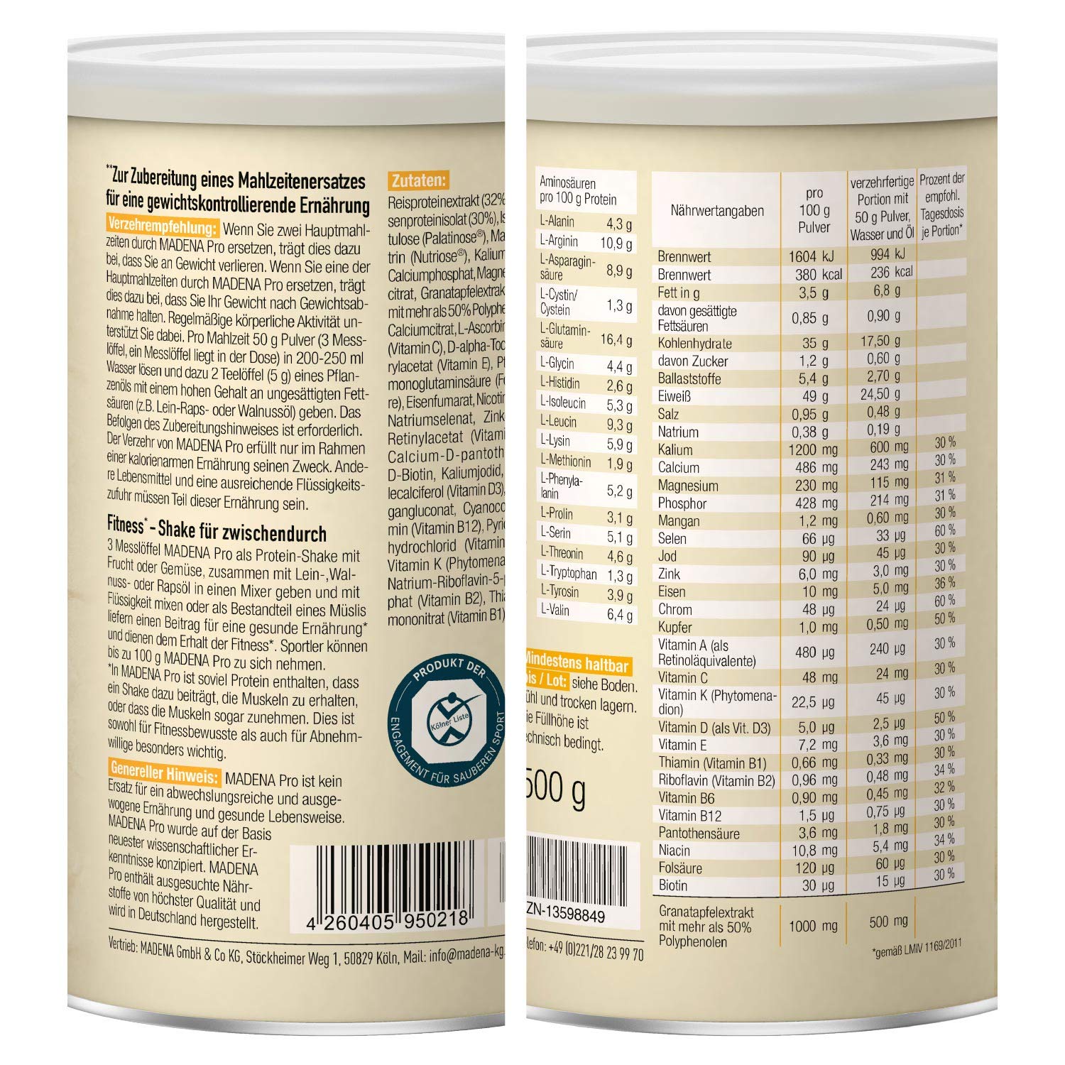 MADENA Pro Vegan Protein Pulver – rein pflanzliches Proteinpulver aus Reis u. Erbsen ohne Soja – Eiweißpulver vegan mit hochdosiertem Granatapfelextrakt für deinen Protein-Shake, ohne Zucker