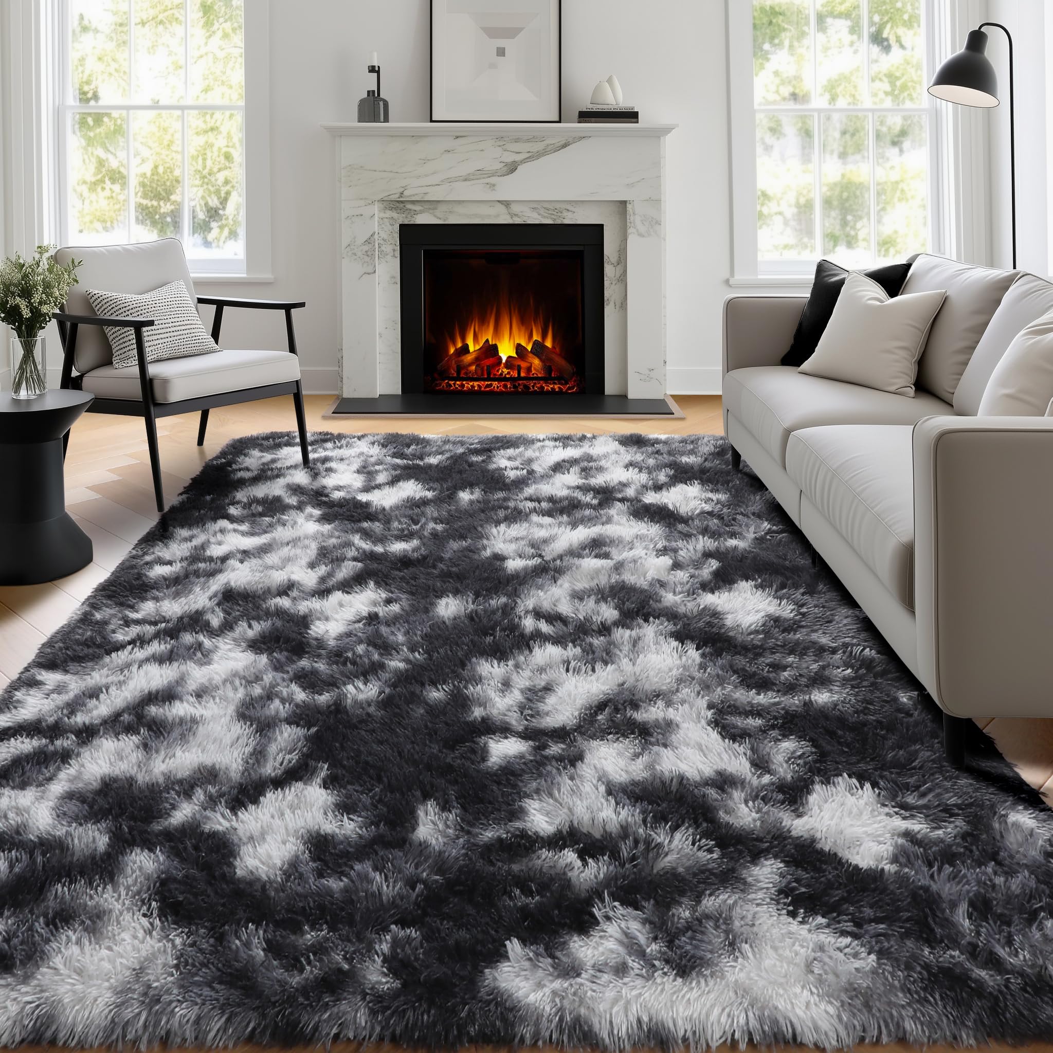 PAGISOFE Black White Grey Bedroom Rug 4x6 Ft, Soft Fluffy Fuzzy Plush Indoor Floor Area Rug for Living Room Kids Room Playroom Dorm Home Office Nursery Men Boys Room Decor Carpet Aesthetic