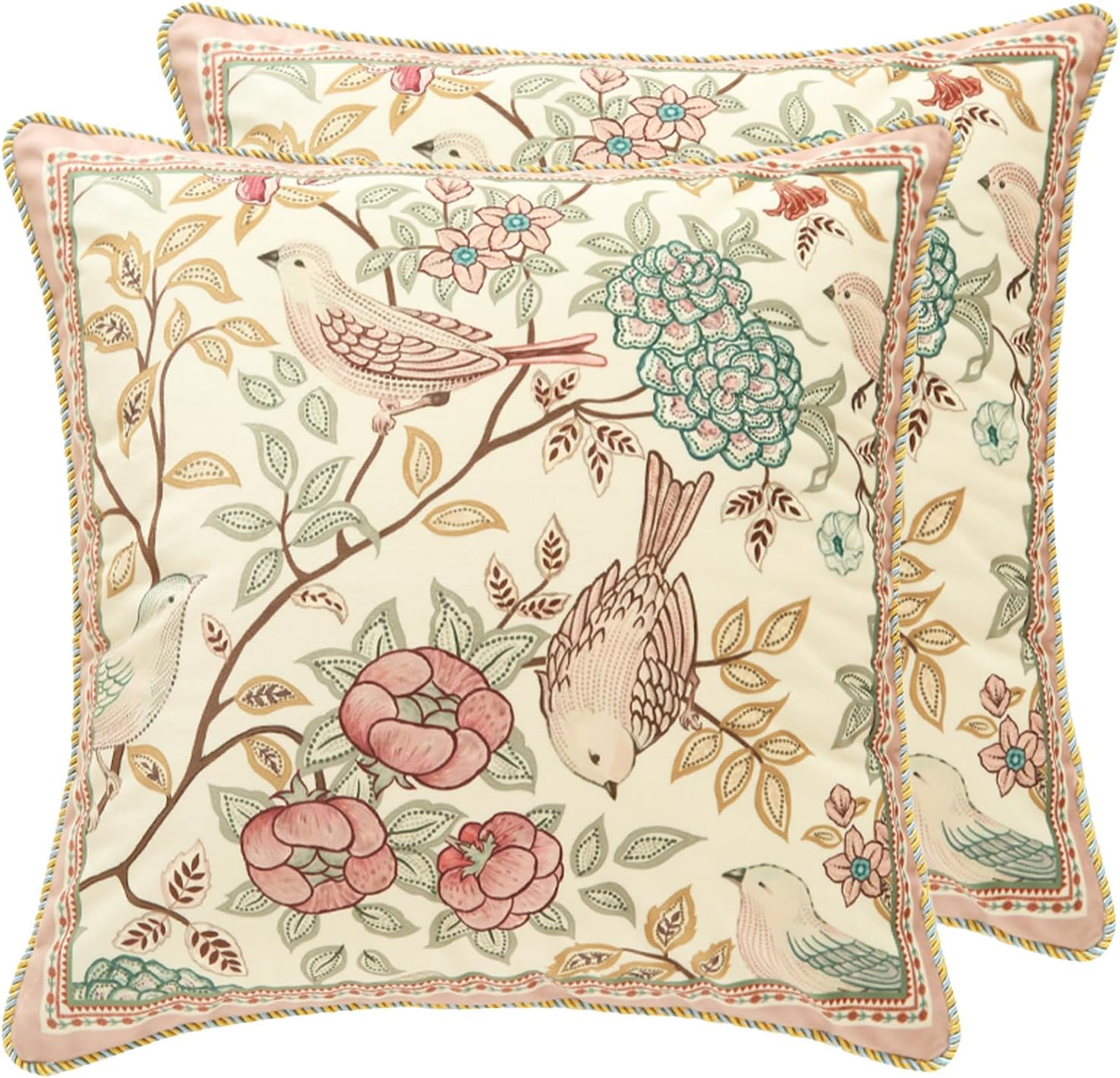 Velvet Euro Sham Decorative Throw Pillow Covers Set Soft Durable Cushion Cases Pillowcase for Couch Bedroom Car (2 Pack Pink Floral Bird)