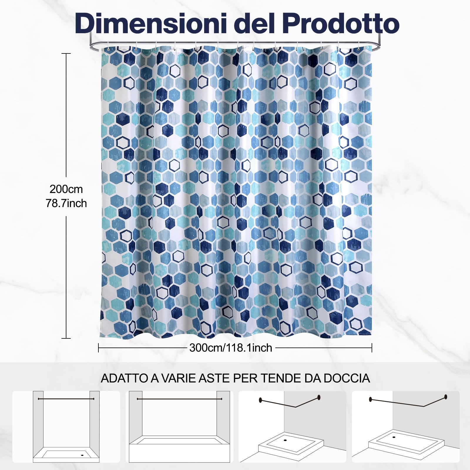 Tende da Doccia Blu Lavabile in Poliestere, Tende da Bagno Extra Larga da 300 CM per Ambienti Umidi, 200/220/240 CM Antimuffa Tenda da Doccia, Tende da Bagno con Orlo Ponderato (300x200cm)