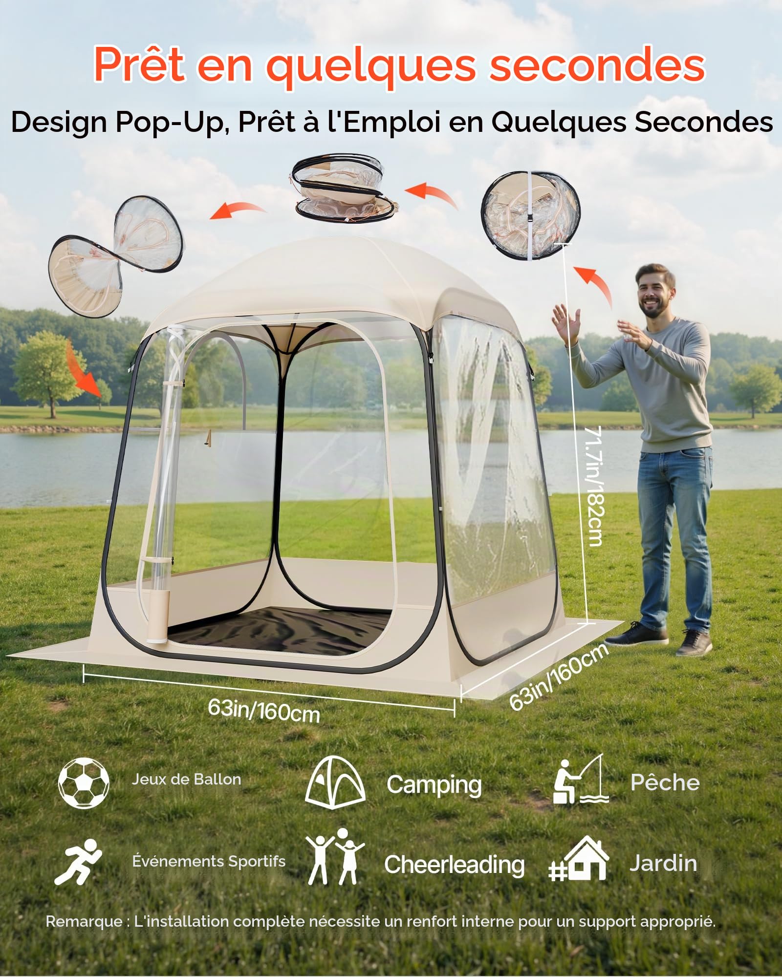 VEVOR Tente de Sport Transparente 160 x 160 cm Tente à Bulle Pop Up pour 2-4 Personnes, Abri d'Extérieur Vue Dégagée, avec Tapis de Sol, Couverture Supérieure, pour Événement Sportif, Pêche Plein Air