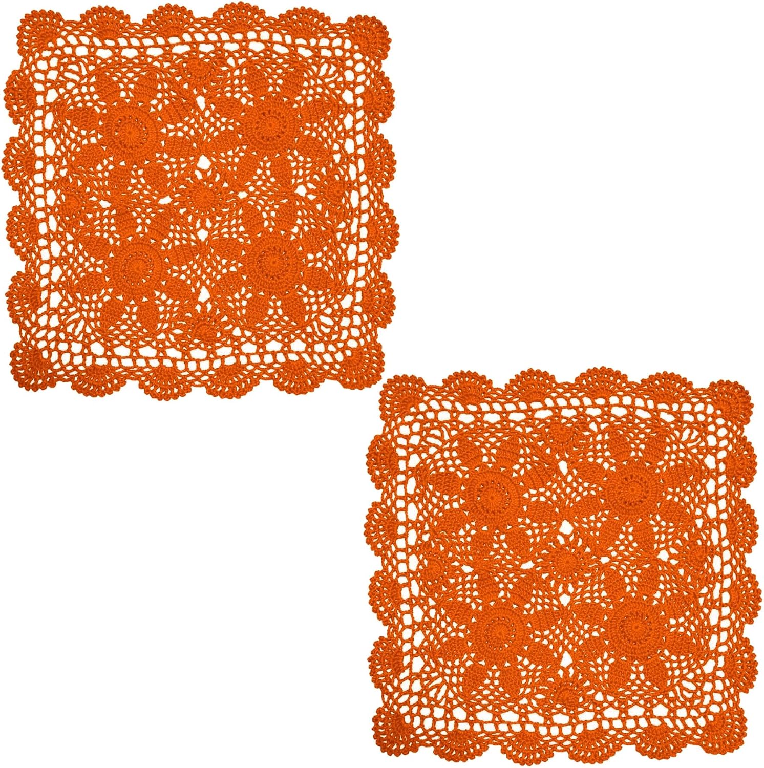 BIBITIME Square Lace Doilies Crochet 4 Flower Doily Vase Mats Kitchen Tablecloth Dish Cup Place Mats (2PCS - 14 in to 16 in, Style02-Orange)