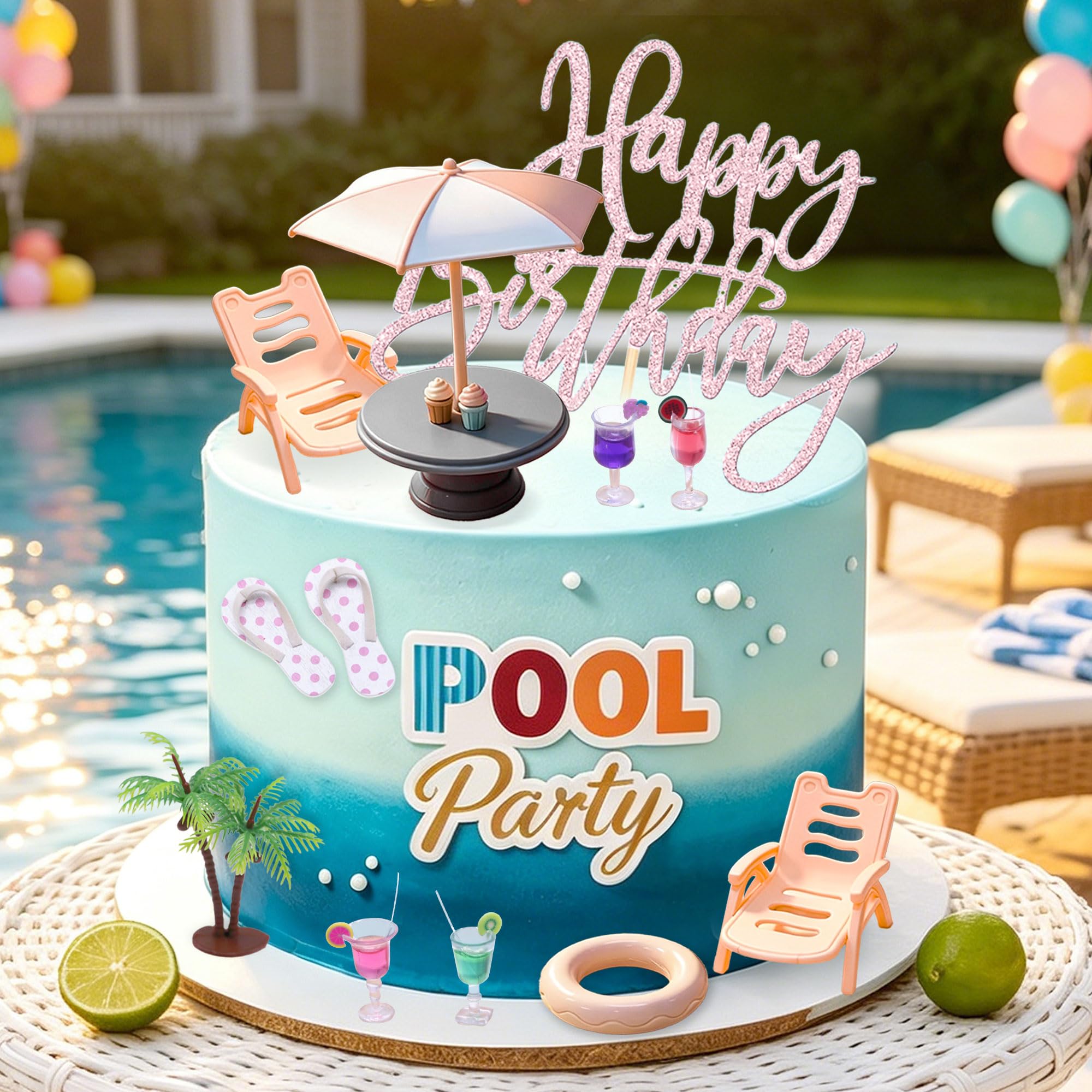 Summer Beach Coastal Birthday Cake Decoration Pool Party Cake Topper