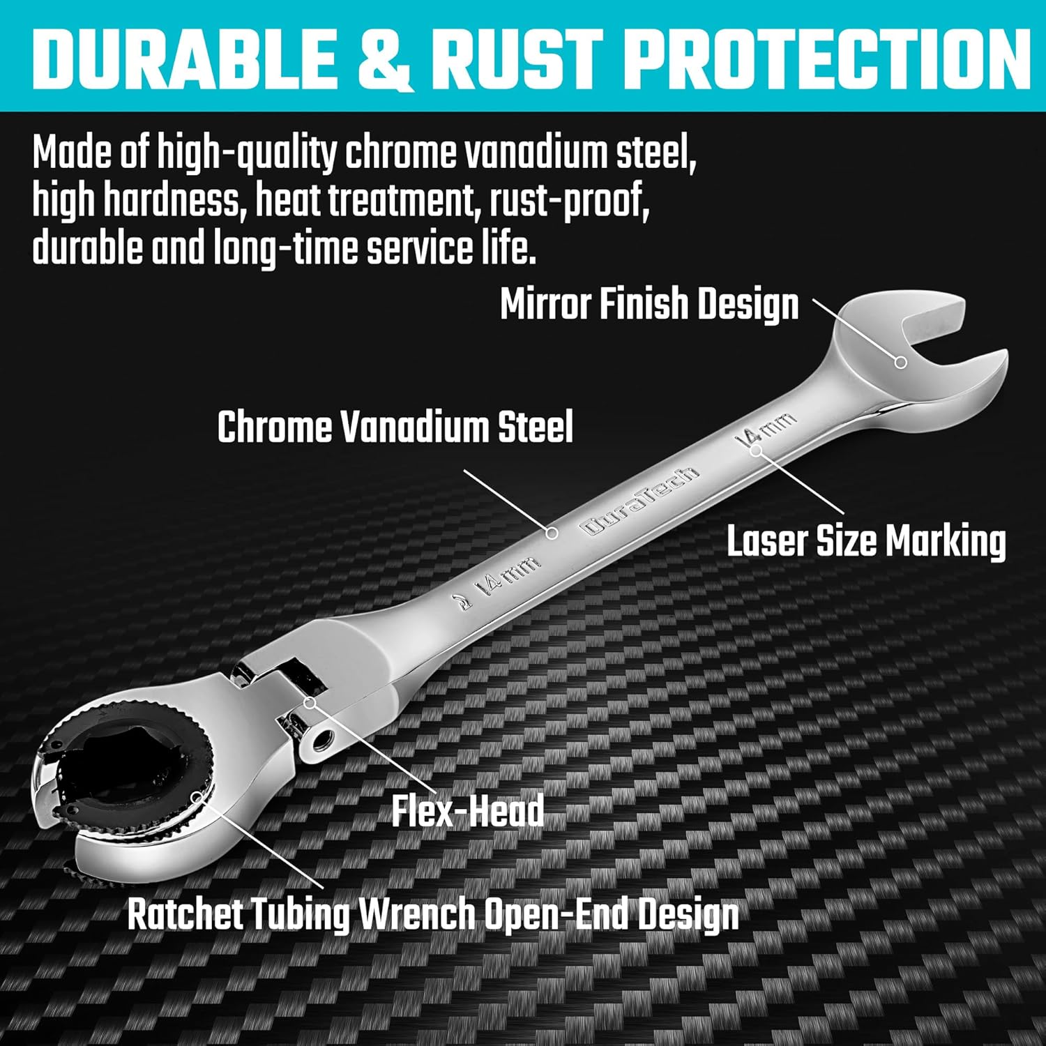 DURATECH 7-In-1 Ratcheting Wrench Set with Open Flex-head, Metric Ratcheting Tubing Wrench Set, 8-14mm, 72-Tooth Gear, CR-V Steel, with Tool Box, Gifts for Men