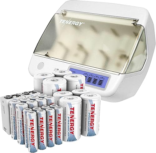Tenergy Paquete de 26 baterías recargables de alta capacidad, 8 pilas AA 8xAAA 4xC 4xD 2x9V y electrónica profesional inteligente de alta permanencia