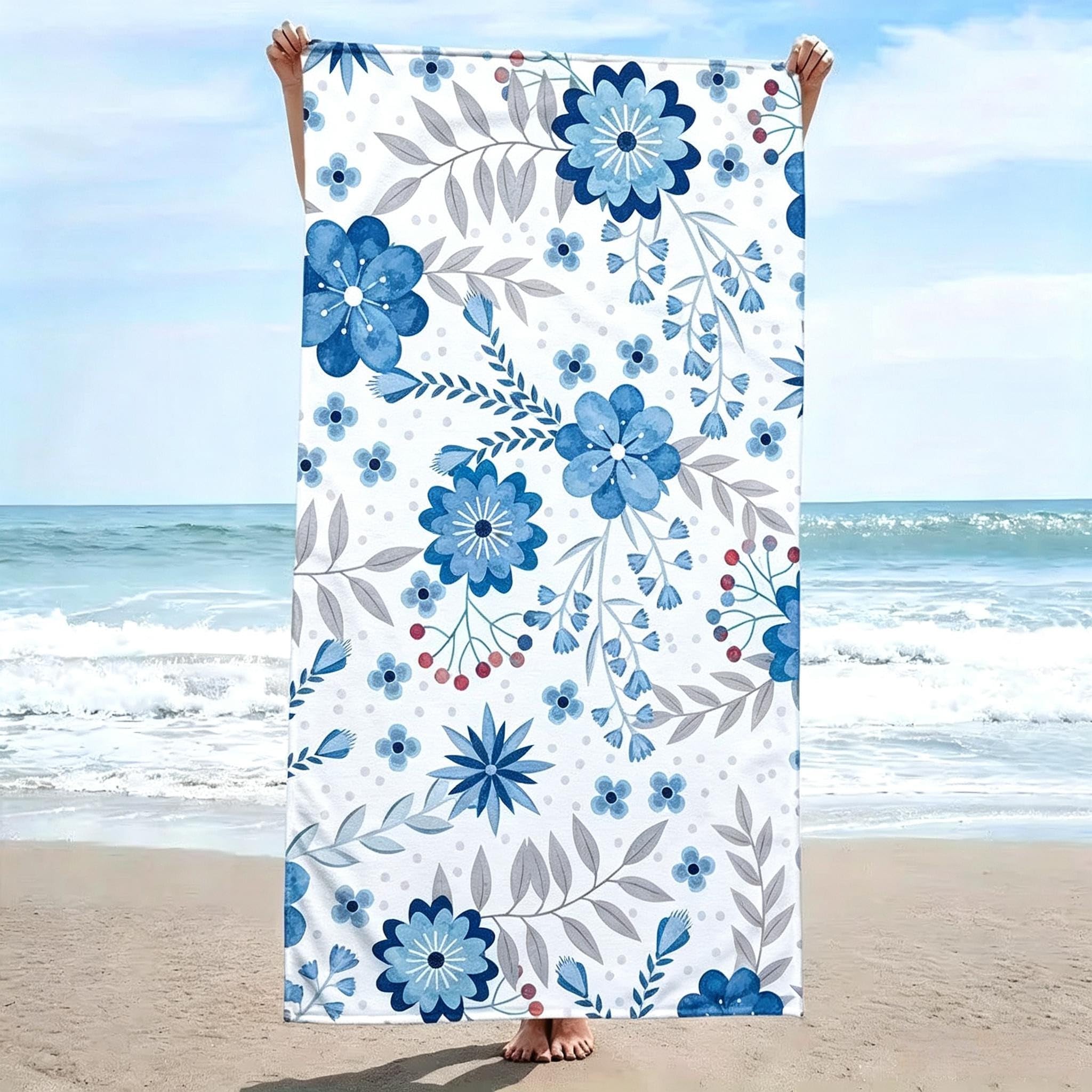YZQGLHP Microfibre Quick Drying Blue Flowers Beach Towel 80x180cm