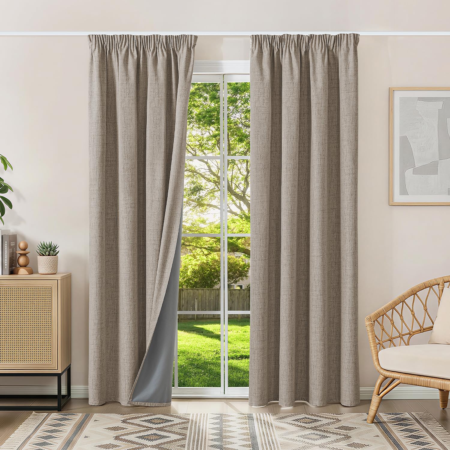 Runyéla 100% Blackout Curtains Pencil Pleat Linen Curtain for Bedroom Living Room Thermal Insulated 52 x 84 Inch Drop 2 Panels Linen