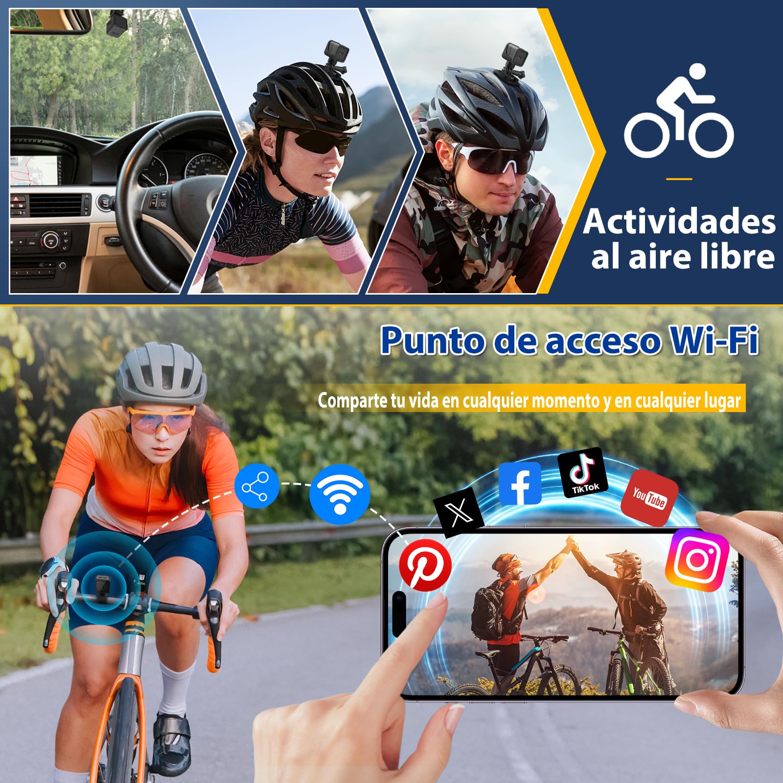 AIKER Dashcam Moto,Camara para Moto WiFi Mejorada Resistente Agua IP66,1080PHD&120°Gran Angular Camara Deportiva,Nivelación Automática De Cámaras Cascos De Motocicleta,y 64GB Tarjeta de Memoria