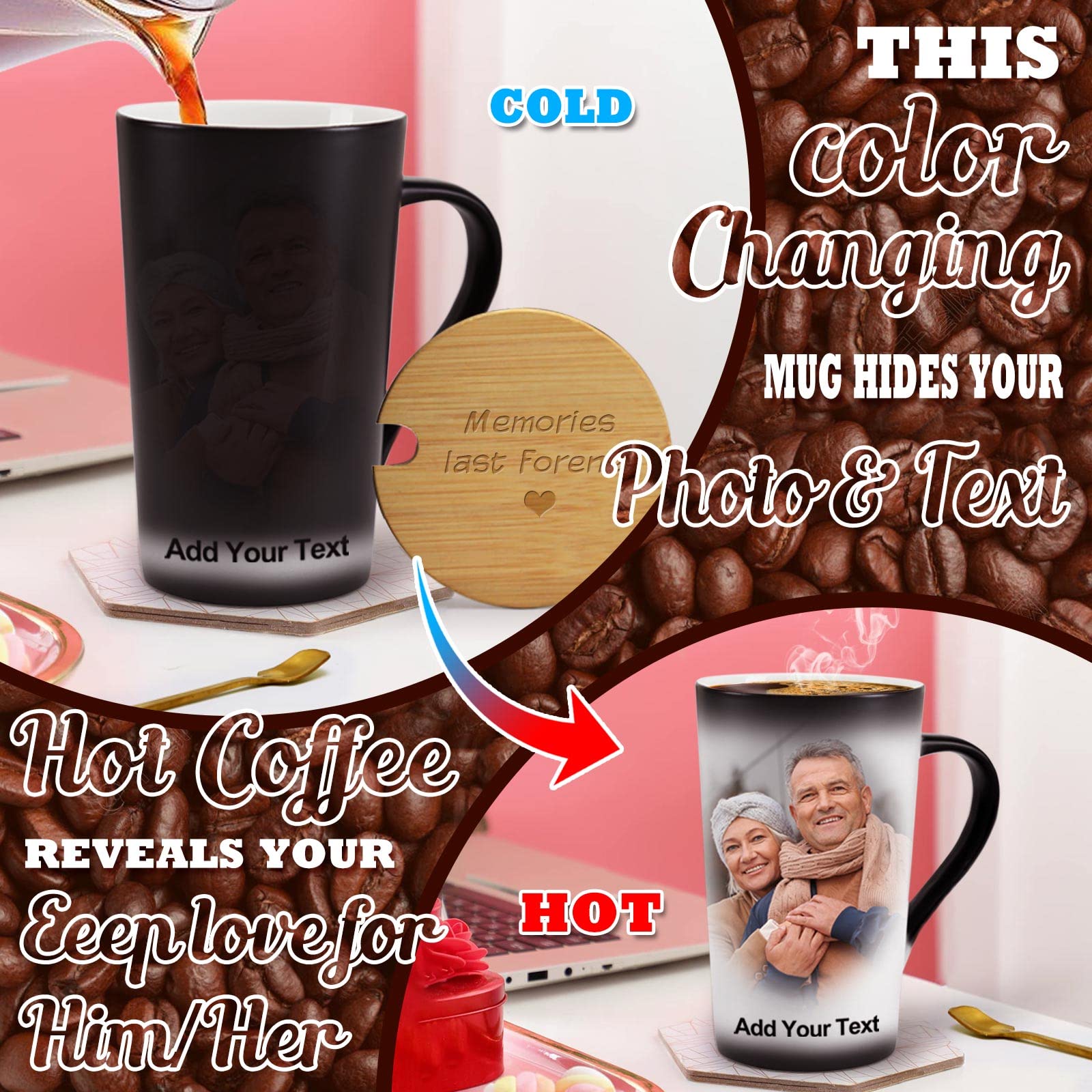 MUGKISS Customized Coffee Mug with Lid and spoon 16oz, Heat Changing Mugs, Personalized Cup, Wood cover can be engraved, Photos and Text on Both Sides, Gift for Birthday
