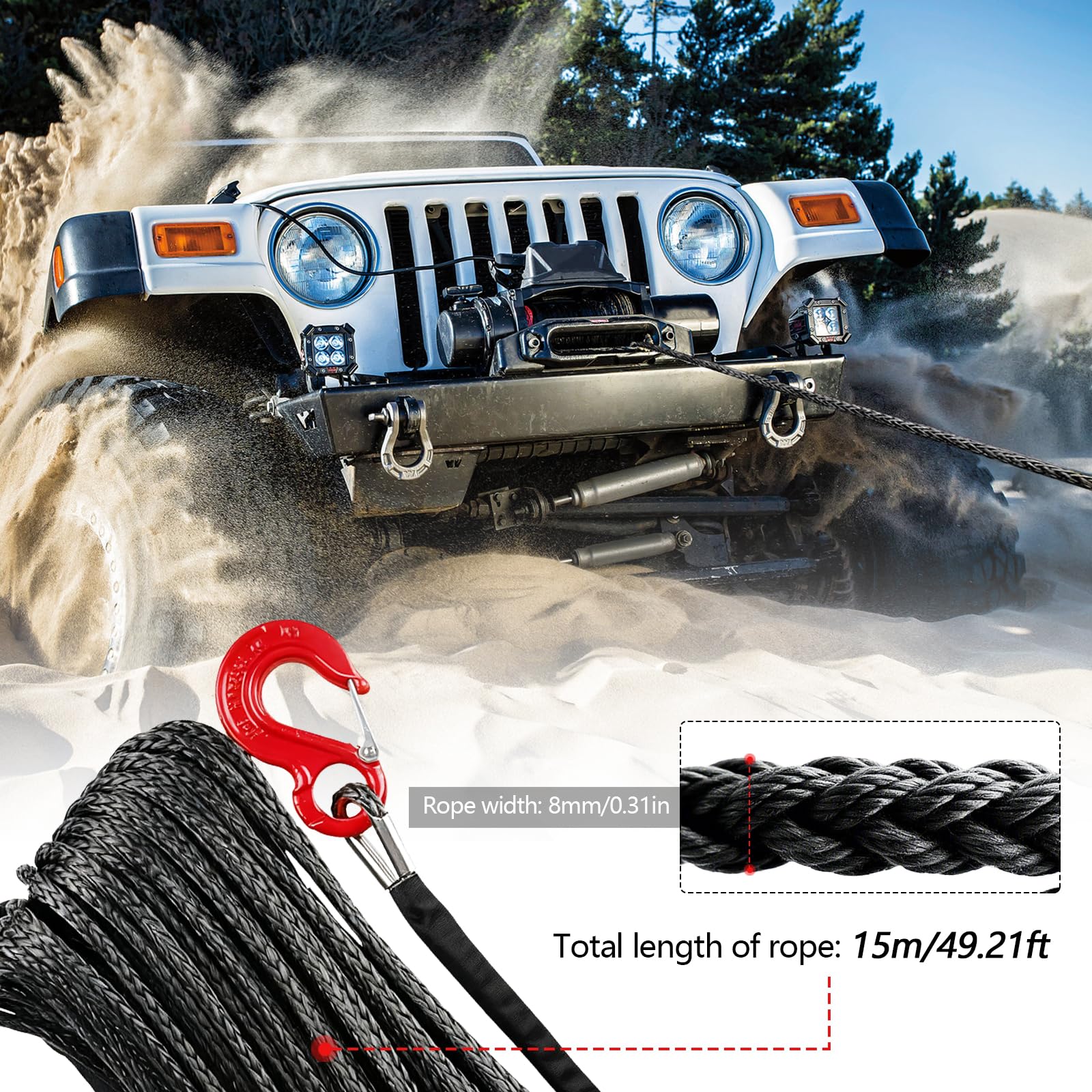Cuerda de Remolque para Coche, Cabestrante 15m Largo 8mm Diámetro Cuerda Sintética de 12 Hilos 6000kg / 13228 Libra Cuerda de Plástico Cuerda de Remolque con Gancho Metálico para SUV ATV UTV, Negro