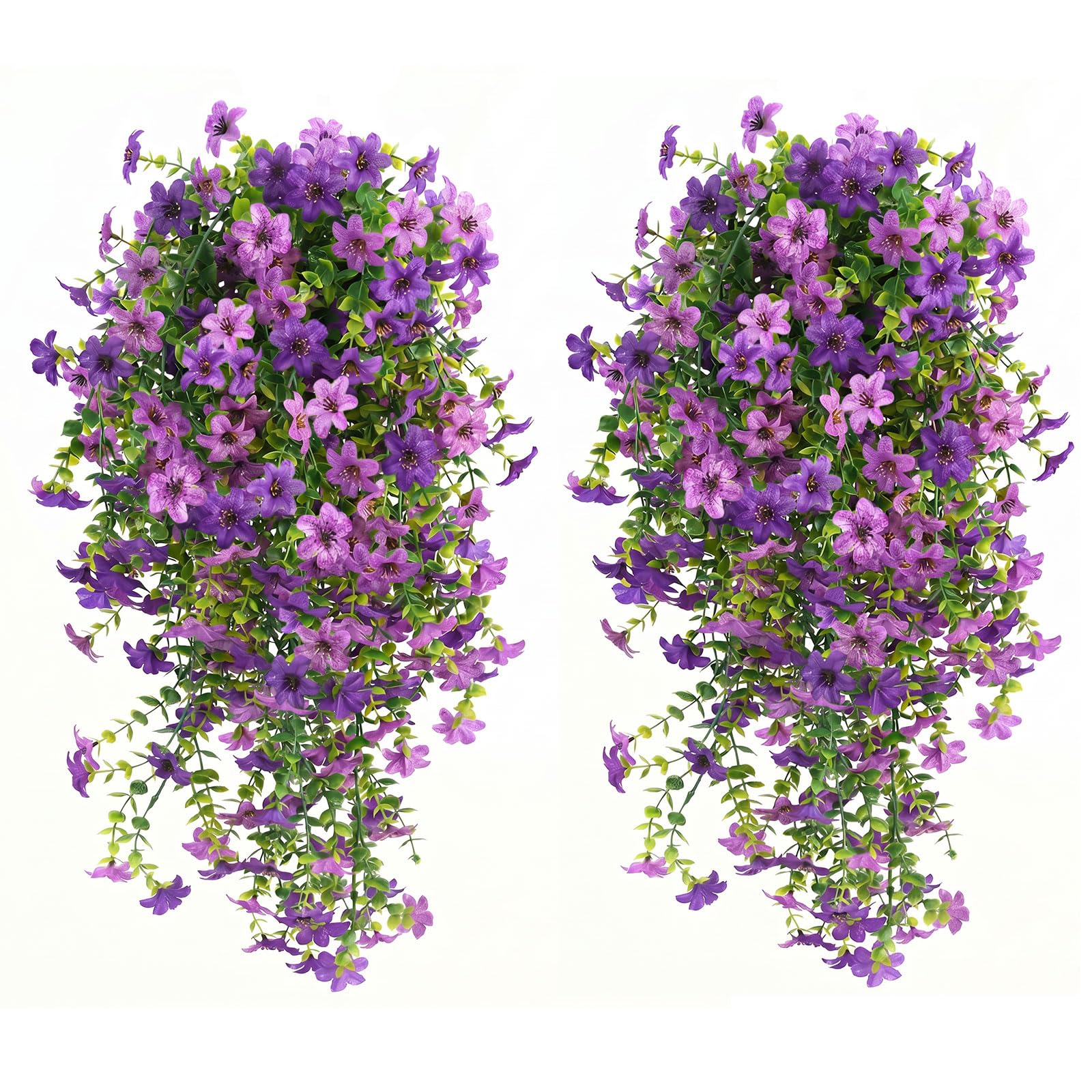 4 Bundles Artificial Hanging Flowers - Outdoor UV-Resistant Fake Hanging Plants Flowers Hanging, No Fade Fake Plastic Faux Silk Flowers for Indoor Outside Garden Porch Window Planters Decor, Purple