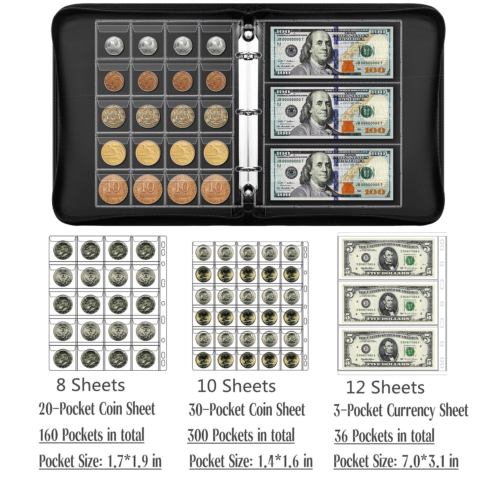 Ettonsun Fireproof Coin Collection Book Holders for Collectors 460 Pockets Coin Organizer Sleeves Coin Album & 36 Currency Sleeves Album Money Holder Coin Storage Case for Coin Collection Supplies - Image 3