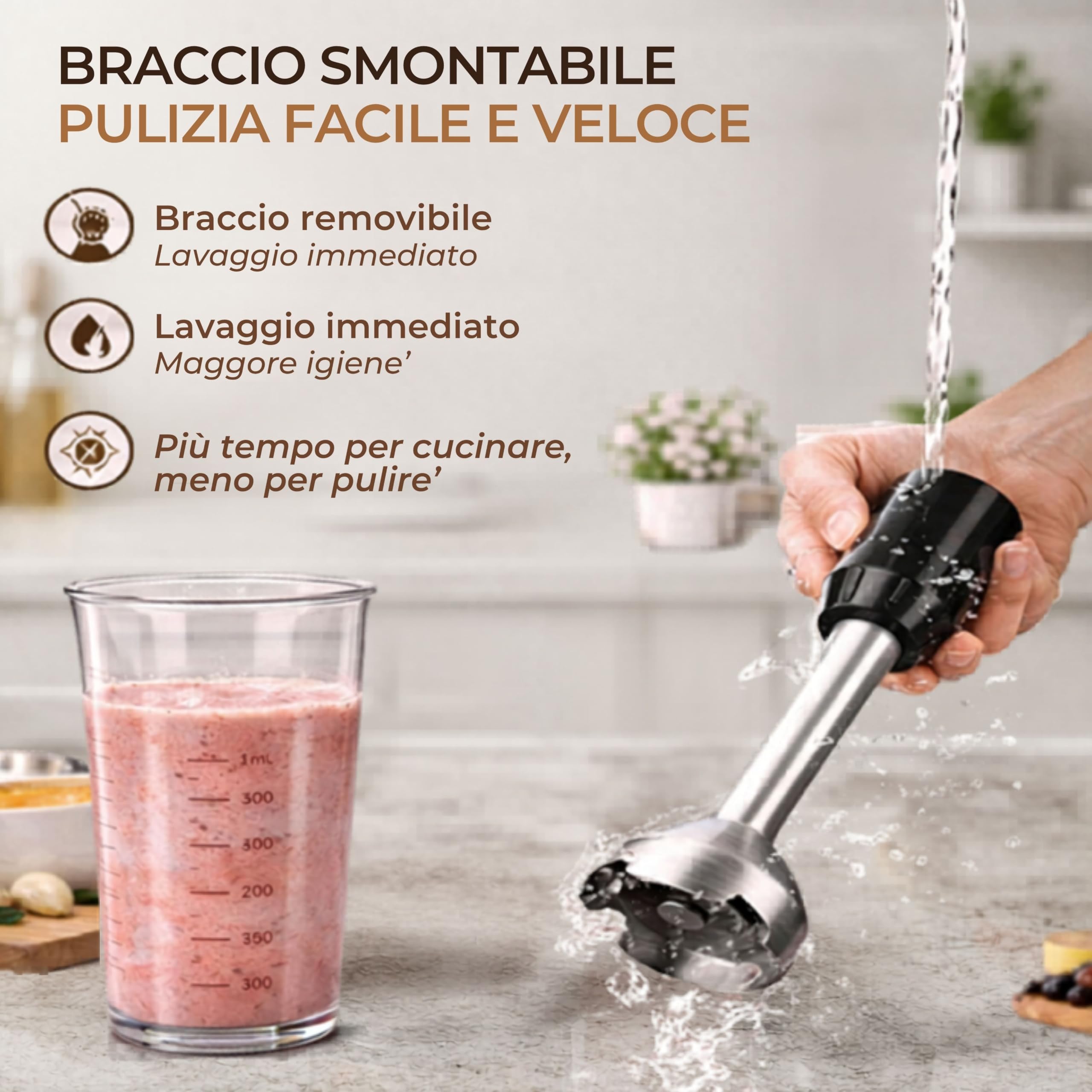 DIGIQUEST Frullatore Ad Immersione Multiuso 3 in 1 Handy 400 Full - Lame e braccio smontabile, Acciaio Inox, Impugnatura Ergonomica, Ciotola e Bicchiere inclusi nella confezione (3in1 ACCIAIO)