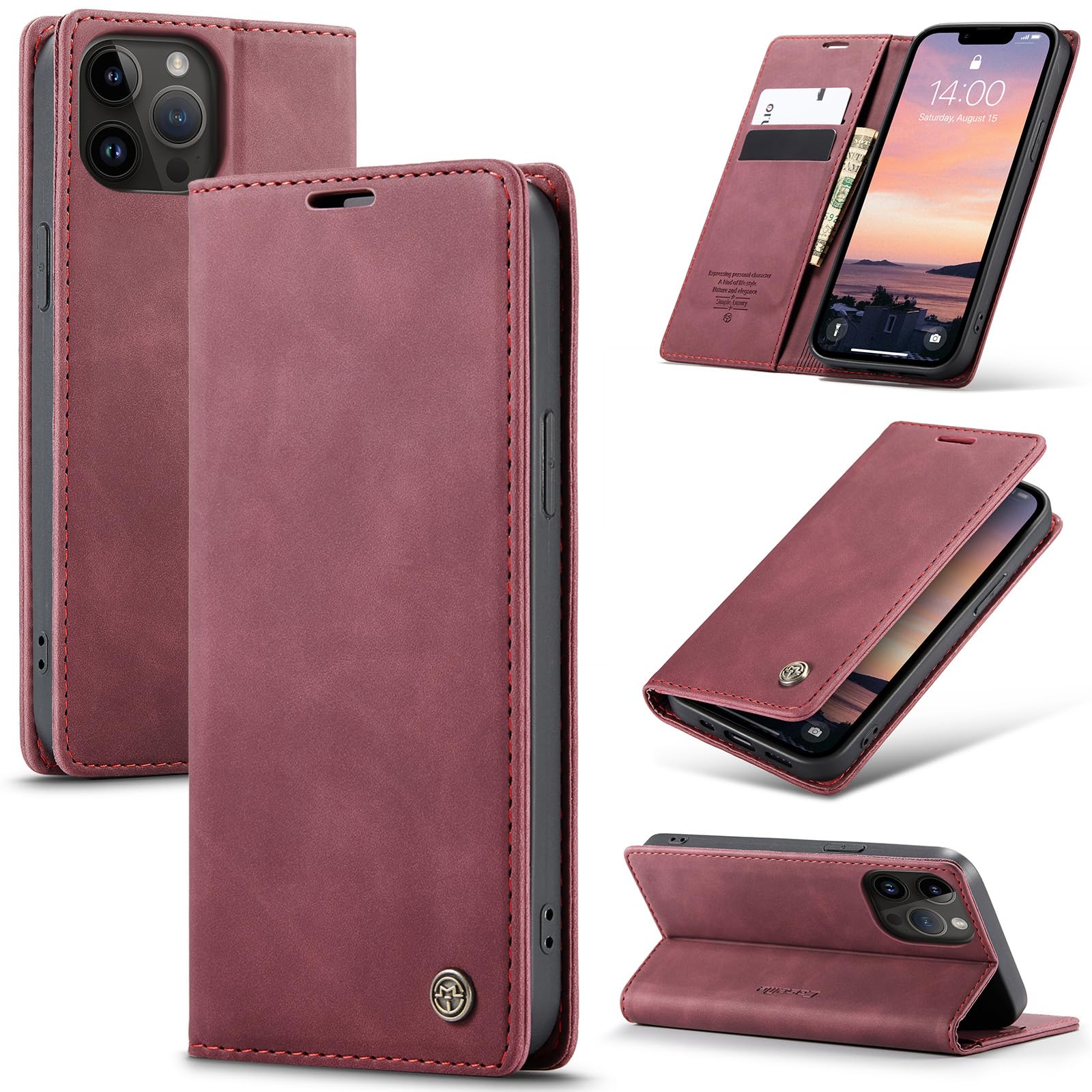 Azororo Cover per iPhone 14 Pro 5G, Premium PU Pelle Custodia, Magnetica Carta Fessura Portafoglio Case, Flip Cavalletto Custodia per iPhone 14 Pro - Vino Rosso