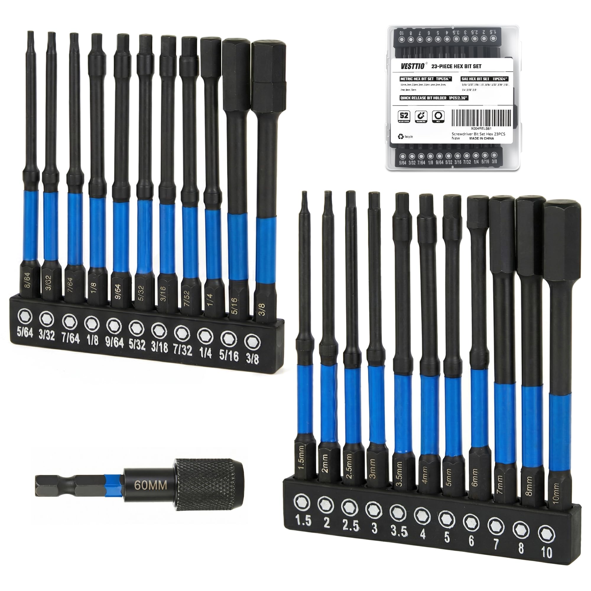 23PCS 4 inch Hex Bit Set, Metric & SAE Allen Wrench Drill Bit Set, 1/4" Hex Shank S2 Steel Magnetic Allen Key Bits for Power Drill Screwdriver Impact Driver