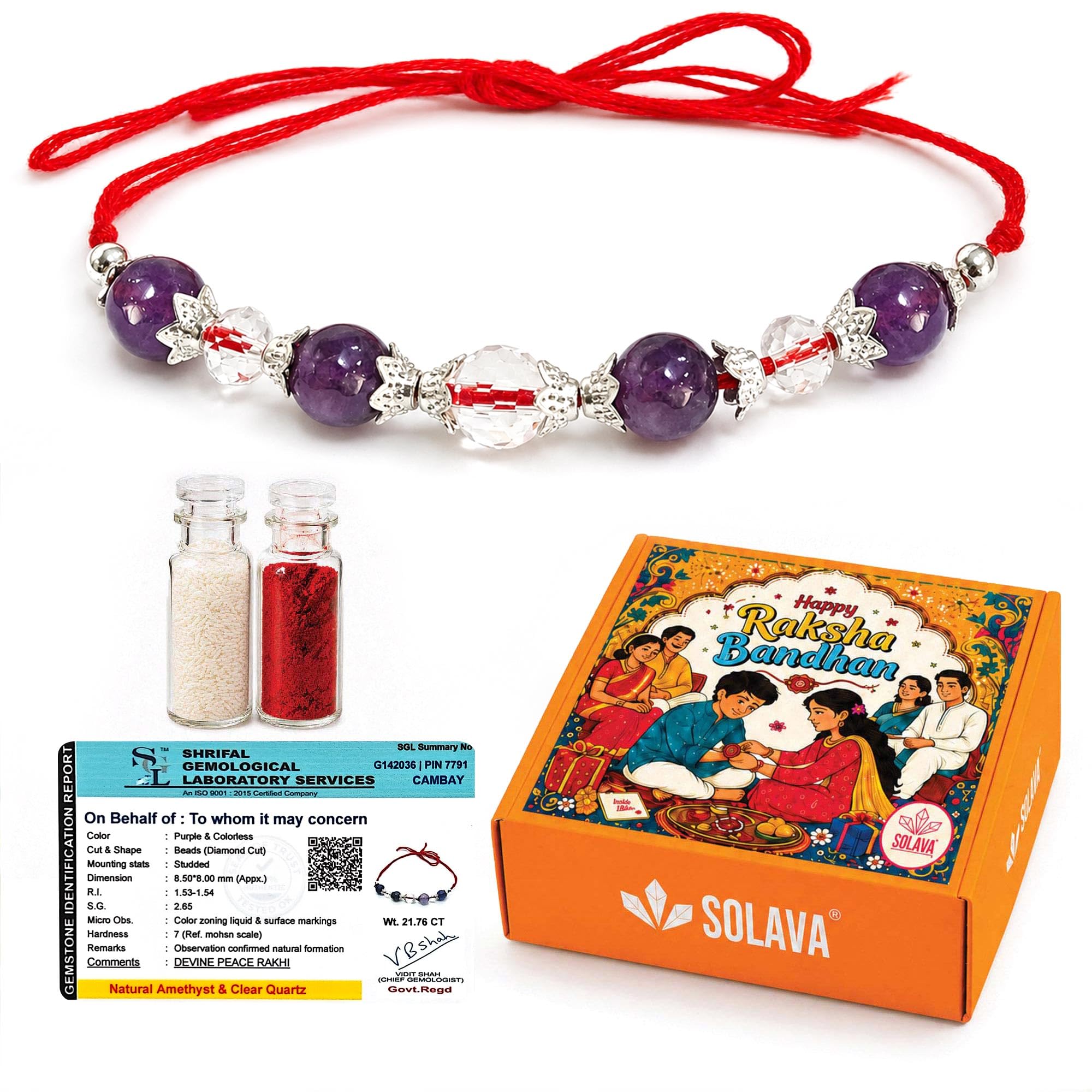Rakhi - Amethyst & Clear Quartz Crystal Rakhi for Brother for Brother and Bhabhi | Govt Lab Certified | Symbol of Peace, Clarity & Positive Energy | Premium Raksha Bandhan Gift Box with Roli Chawal-image-43