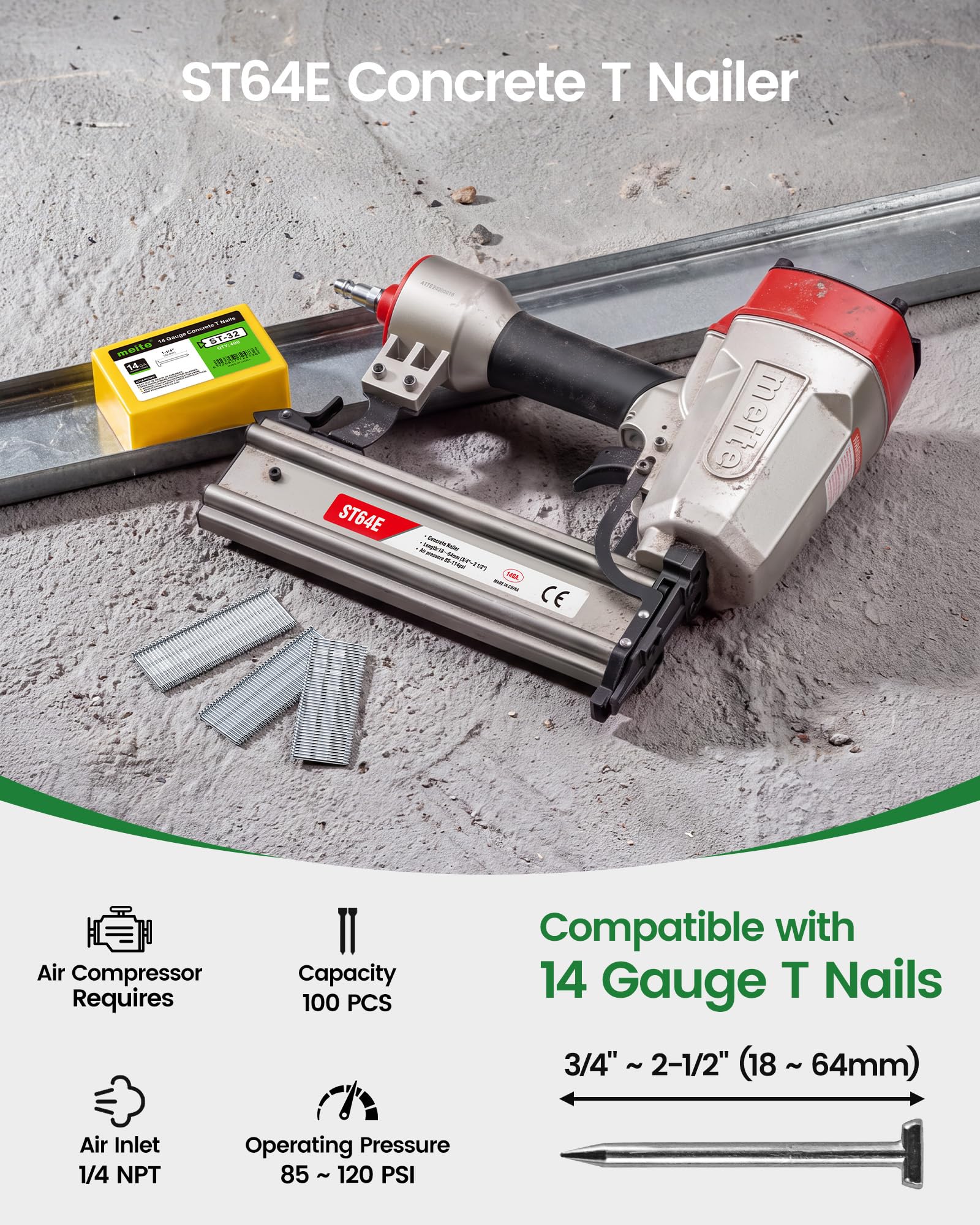 meite ST64E Beton-Nagelpistole mit 400 Stück 14 GA 2,5–0,6 cm T-Nägeln