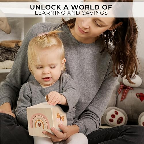 Miniatura 5 de Alcancía de madera para niños – Banco de monedas bellamente hecho que anima a empezar a ahorrar dinero temprano – Un gran regalo para niñas y niños