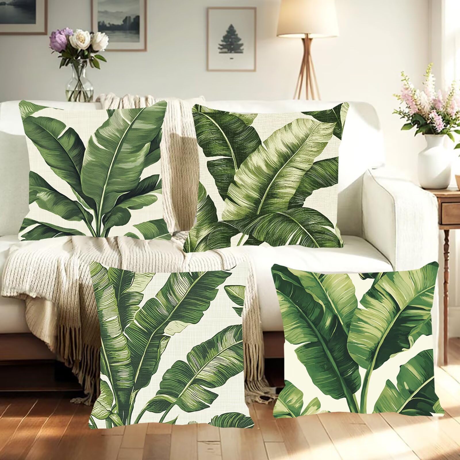 4 Pezzi Federe Cuscini Divano 50 x 50 Verde Divano Decorativo Doppia Faccia in Velluto con Cerniera Invisibile per Soggiorno Camera Balcone Esterno per Cucina, Sedia, Letto, Giardino, Foglie 6 F0P-184