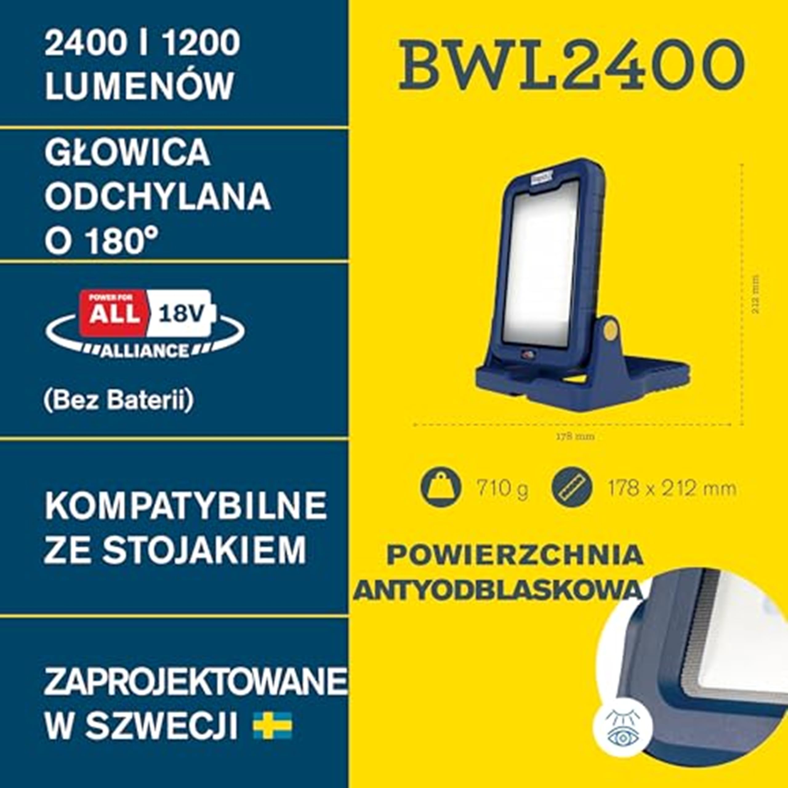 Lampa Robocza Rapid BWL2400 18V – Bezprzewodowa LED 2400, Głowicą Odchylaną o 180°, Mocowaniem do Statywu, Haczykiem, Uchwytem i Zasilaniem Akumulatorowym (5001753) - Akumulator poza zestawem