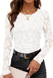 MEROKEETY Womens Fall Long Sleeve Floral Mesh Blouse Top 2026 Dressy Casual | Jacquard Fabric, Sheer Sleeves, Crew Neck, Fitted, Trendy, Ruched Details, Cinched Waist, T Shirt, Fashion Outfit Clothes