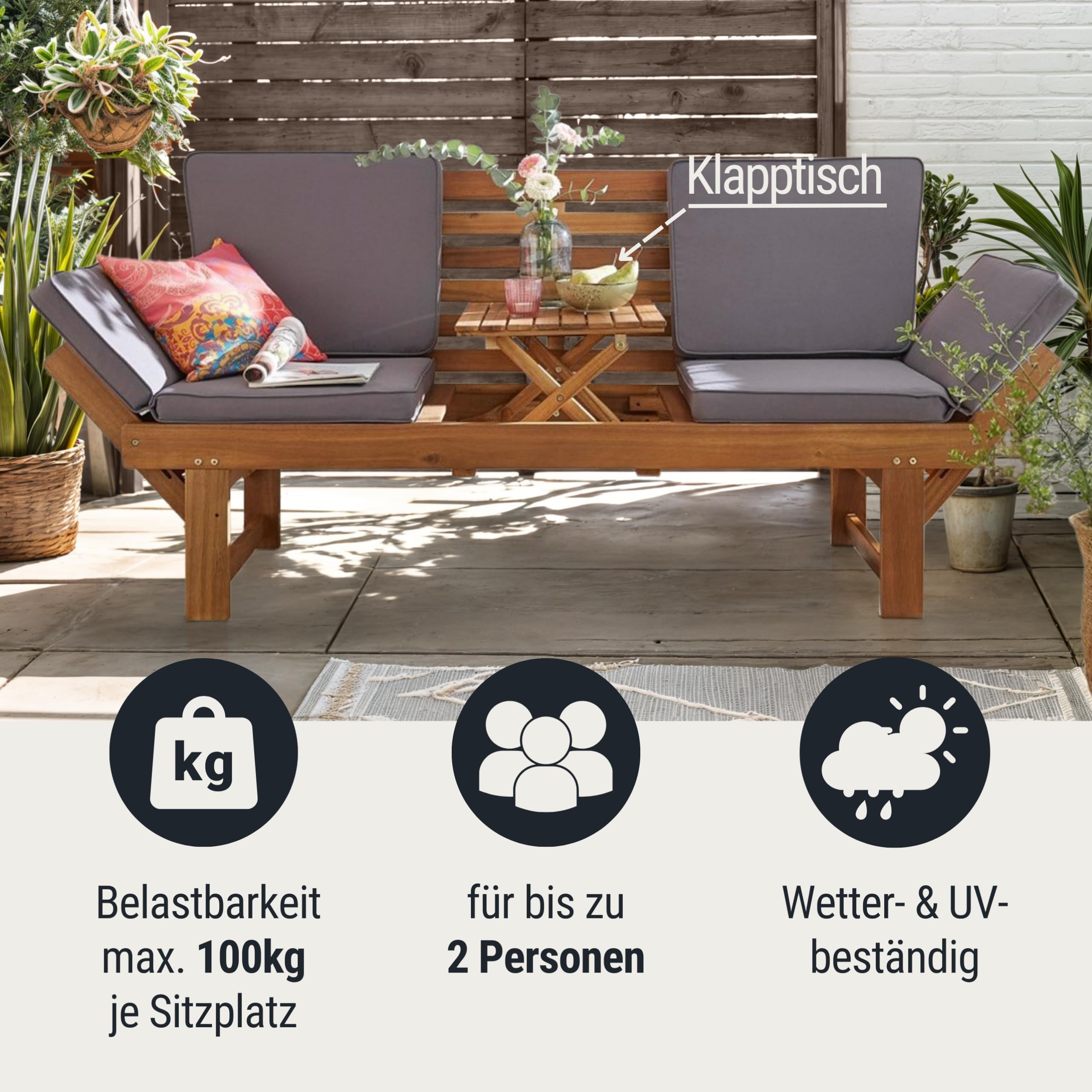 Gartenbank mit Tisch - 2 Sitzer Natur Holzbank aus Akazie Wetterfest Monte | Elegante Outdoor Sitzbank und Balkonmöbel Set, robuste Gartenbank Holz für Balkon & Terrasse, inklusive Kissenauflagen