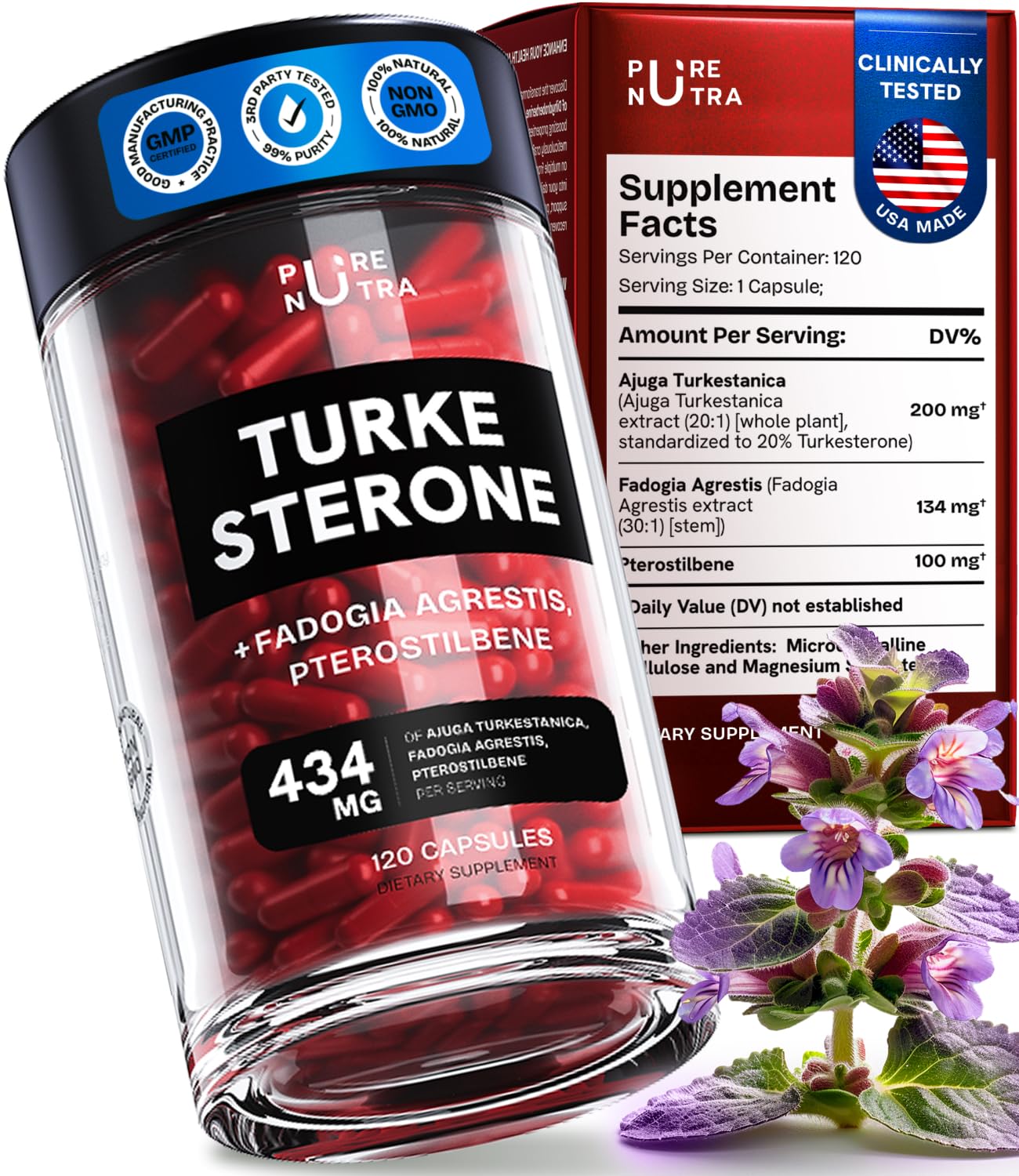 Turkesterone Supplement for Men - Organic Turkesterone Supplement for Muscle Growth w/Fadogia Agrestis Pterostilbene | Complexed Turkesterone Powder | 120 Turkestrone Vegan Capsules 1 Pack