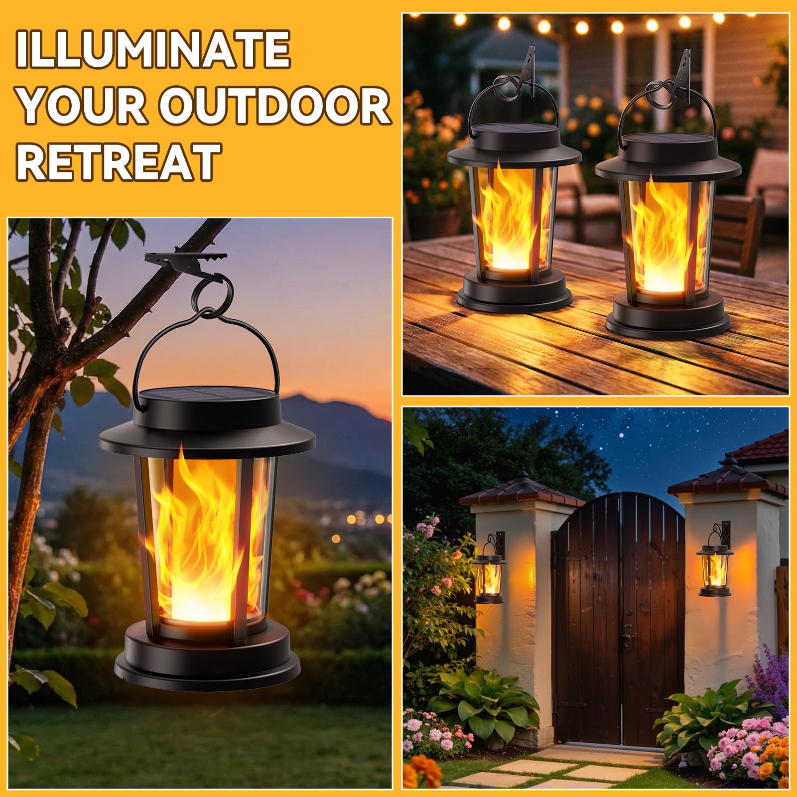 WdtPro 4 Pack Solar Lanterns Outdoor Waterproof, Upgraded Flickering Flame Solar Lights Outdoor, Solar Powered Lanterns Decorative, Hanging Solar Lantern for Patio Garden Yard Path Porch Tree Decor — view 6