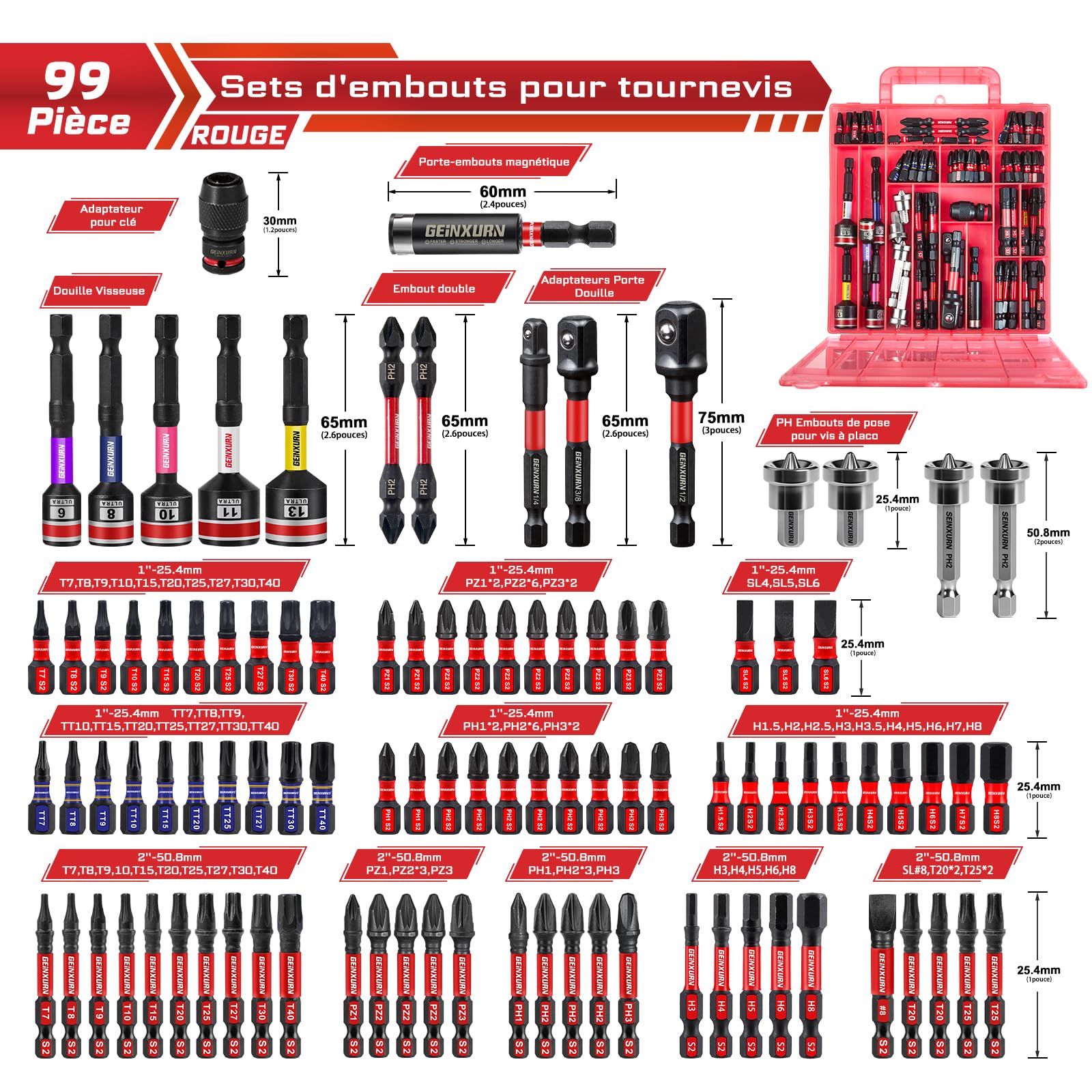 Embouts Choc Acier Allié S2 Geinxurn Professional 68 Pièces Embouts De Vissage Aux Chocs (PH-, TX-, PZ-, SL-, Hex), Embout Magnétique Pour Visseuse Tournevis Tige Hexagonale 1/4 S2 En Acier Allié Avec