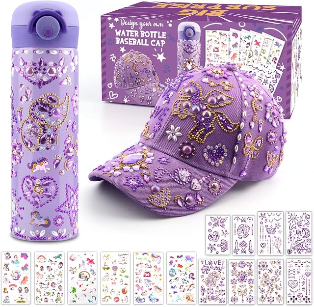 Gifts for Girls DIY Water Bottle and Baseball Cap, Decorate Your Own Water Bottle with Glitter Gem and Unicorn Stickers, Girls Birthday Present Age 4 5 6 7 8 9 10, Cap & Bottle Craft Kit for Kids Girl