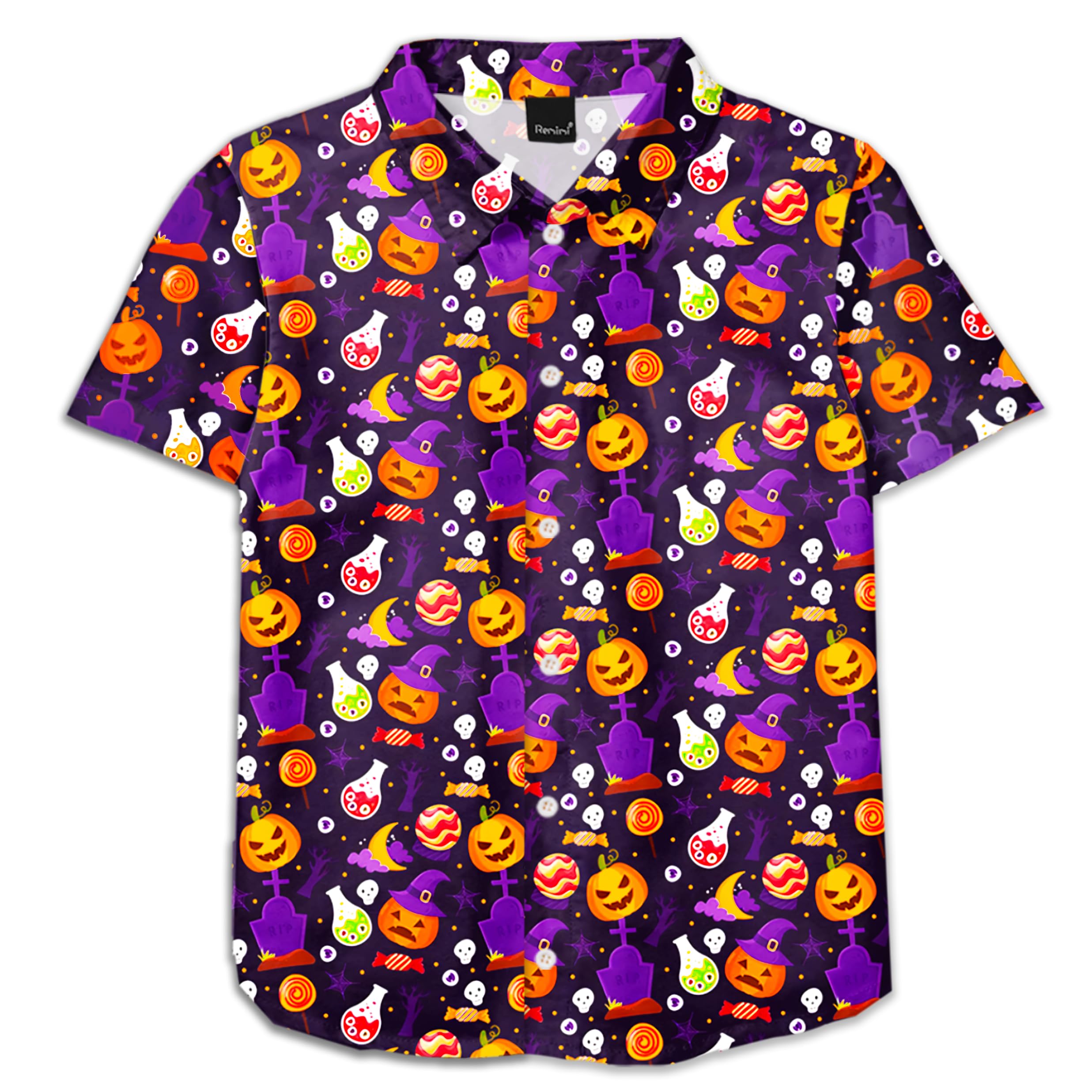 Remimi Unisex Kids Halloween Shirt Boys Pumpkin Ghost Shirts Hawaii Button Up Tops 5-14 Years