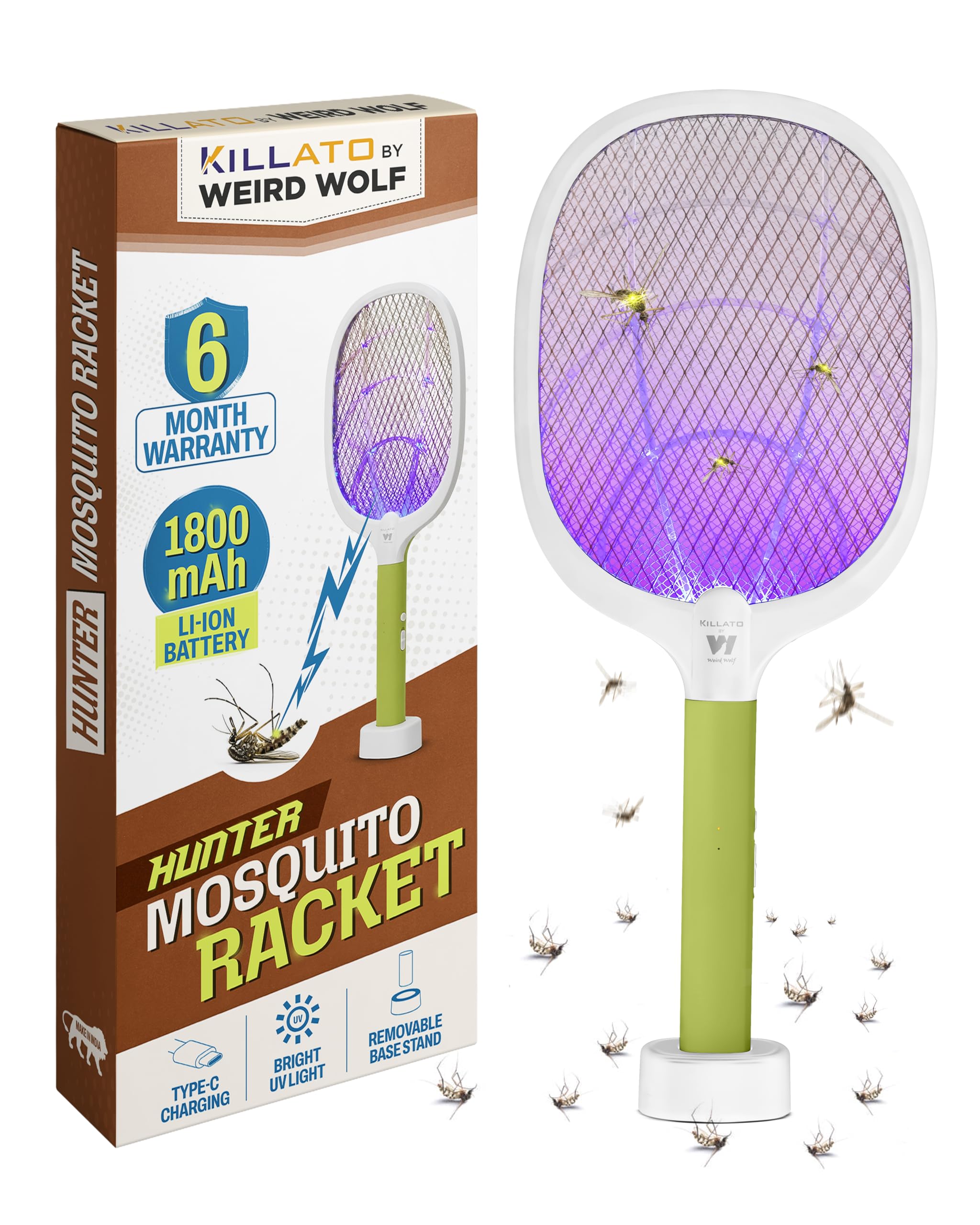 Weird Wolf 2-in-1 Mosquito Killer Racket with UV Light, Base Stand | 1800mAh Lithium Battery | Electric Mosquito Bat with Auto & Manual Mode | Type-C Charging | 6 Months Warranty (Green White)