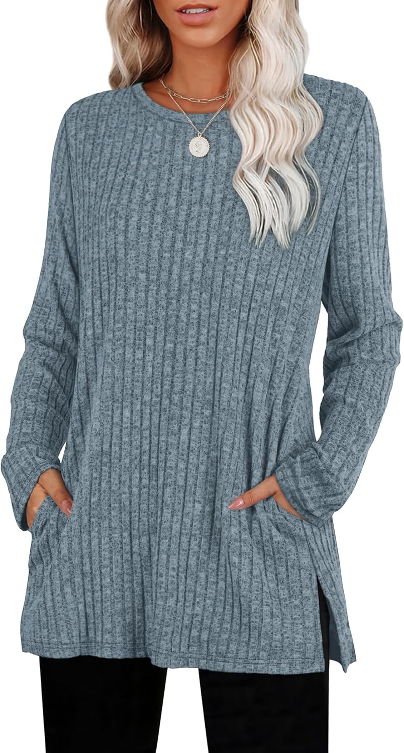 SAMPEEL Womens Sweaters Crewneck Long Sleeve Shirts with Pockets Fall Outfits 2025 Fashion Winter Clothing Side Slit