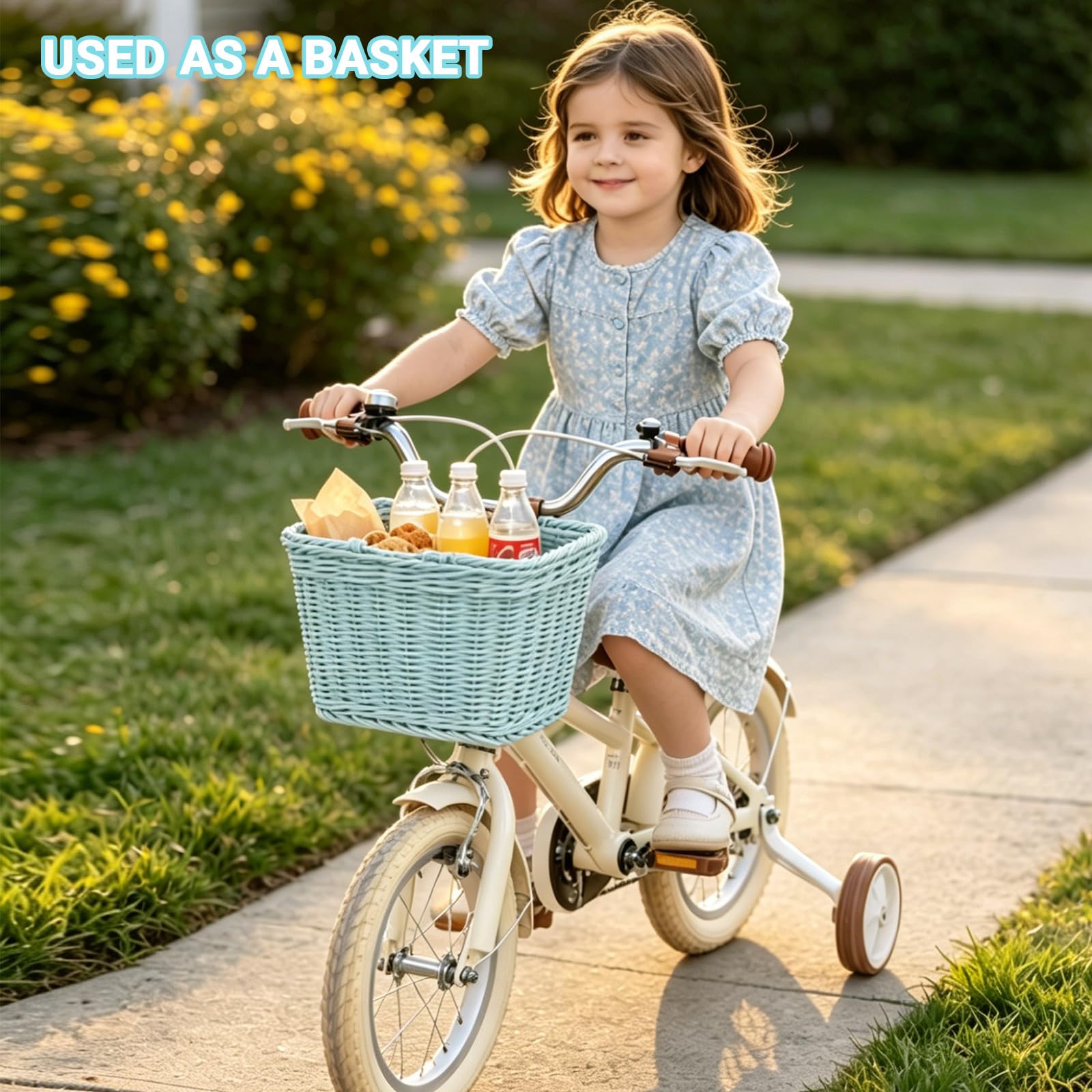 Cestino anteriore per bicicletta, effetto vimini, cestino anteriore per bicicletta per bambini con cinghie, cestino rimovibile, cestino portaoggetti intrecciato a mano, per bicicletta, bicicletta