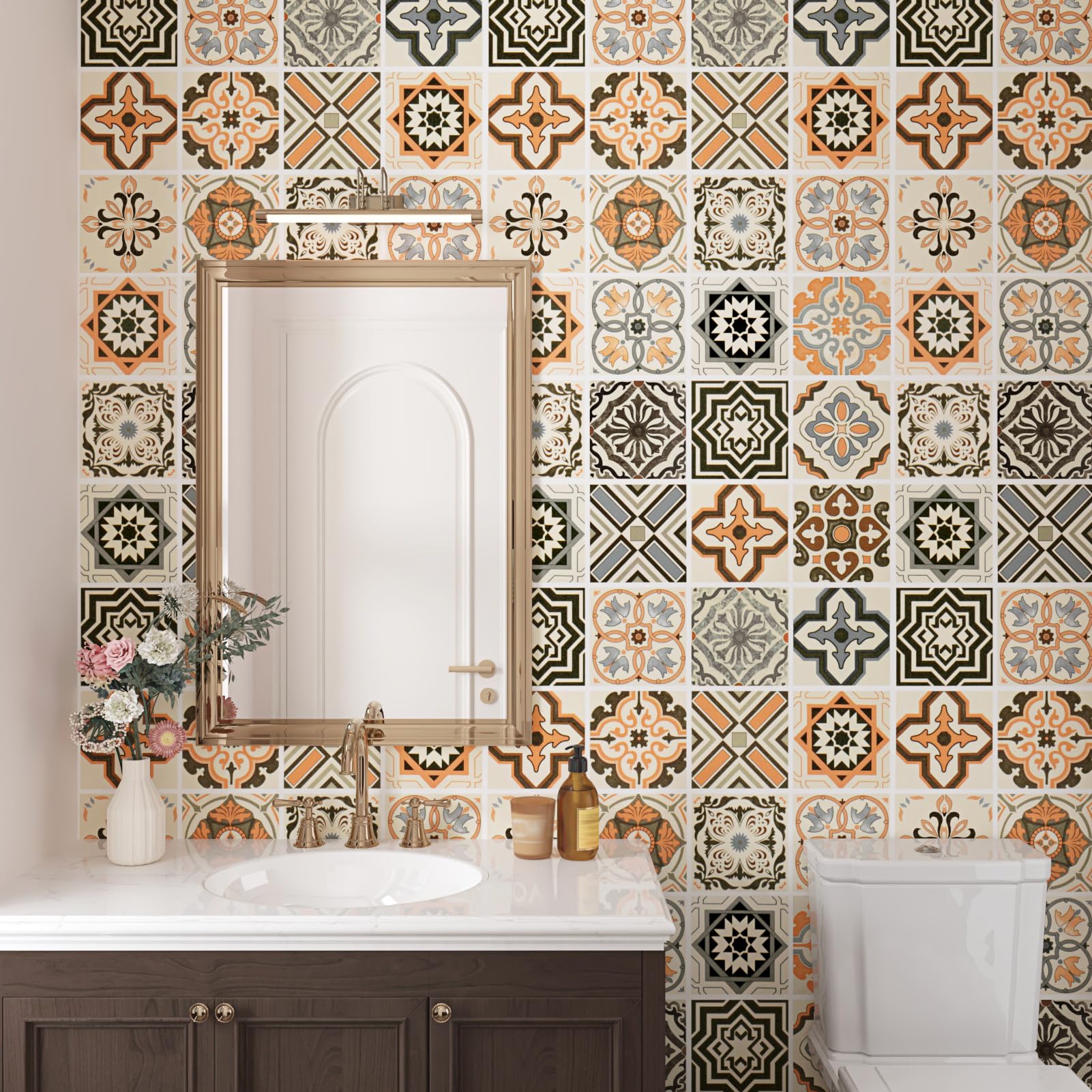 Wallderful Boho Wallpaper Kitchen Contact Paper Waterproof Peel and Stick Backsplash Orange Wall Paper Self Adhesive Geometric Tile Removable Moroccan
