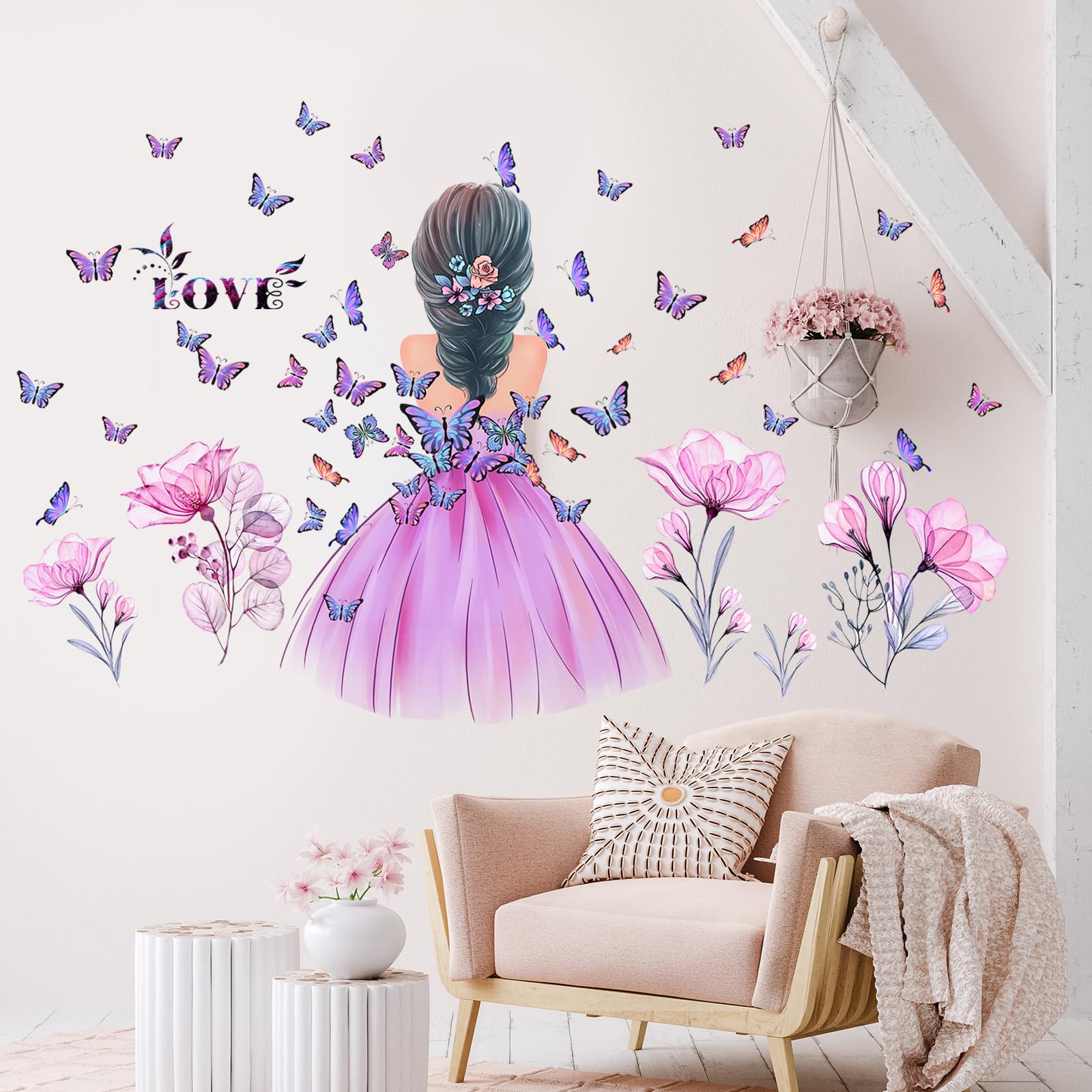Motyl dziewczyna naklejki ścienne kwiat wróżka naklejka ścienna różowy kwiatowy mural ścienny kolorowe motyle dekoracja ścienna zrób to sam usuwalna winylowa sztuka ścienna dla dziewcząt dziecko przedszkole sypialnia pokój zabaw