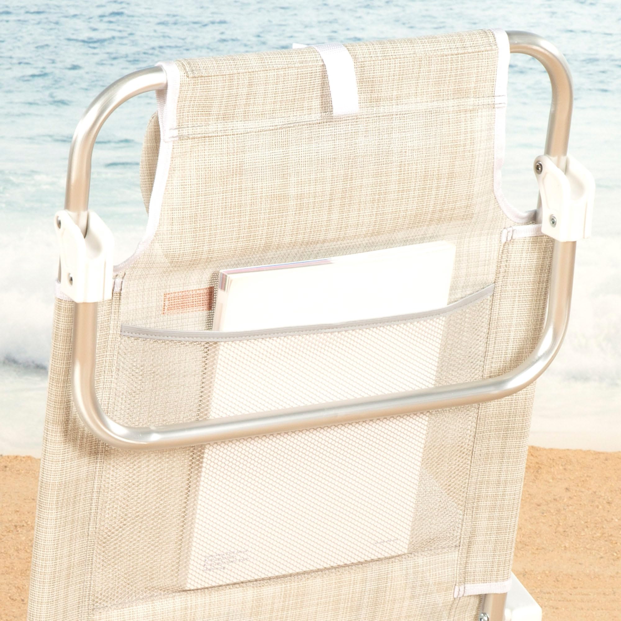 AKTIVE Chaise de Plage Pliable, Beige, Multipositions 8 Positions, textilène et Aluminium, 47 x 49 x 82 cm, Charge 110 kg, avec poignée de Transport