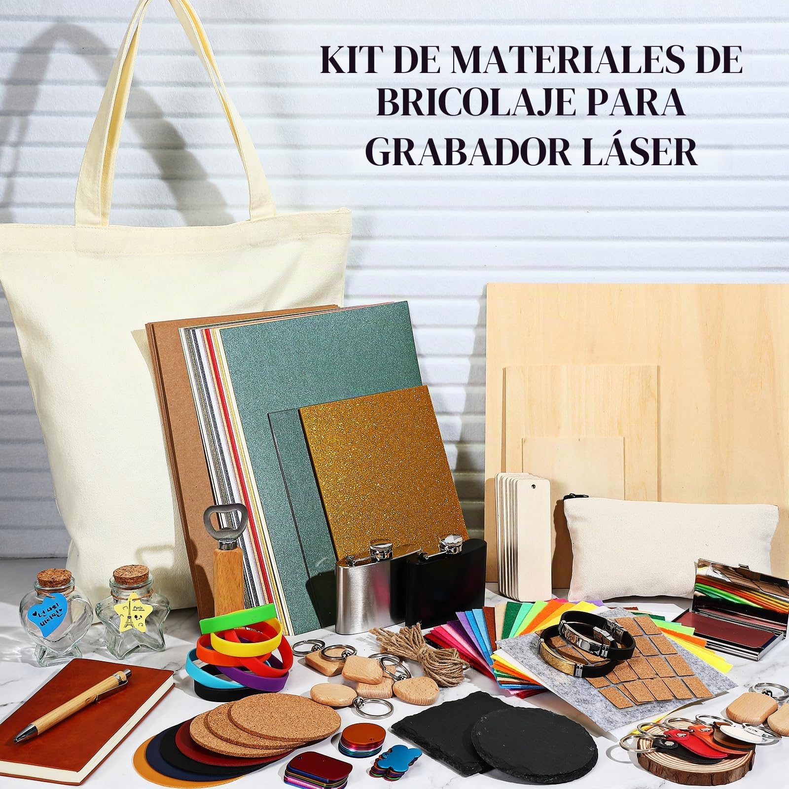 Dunzoom Kit de material láser de 257 piezas de materiales de grabado láser, incluyendo acrílico, metal, madera, tela, piel sintética, vidrio, roca, materiales de goma para grabadores láser y