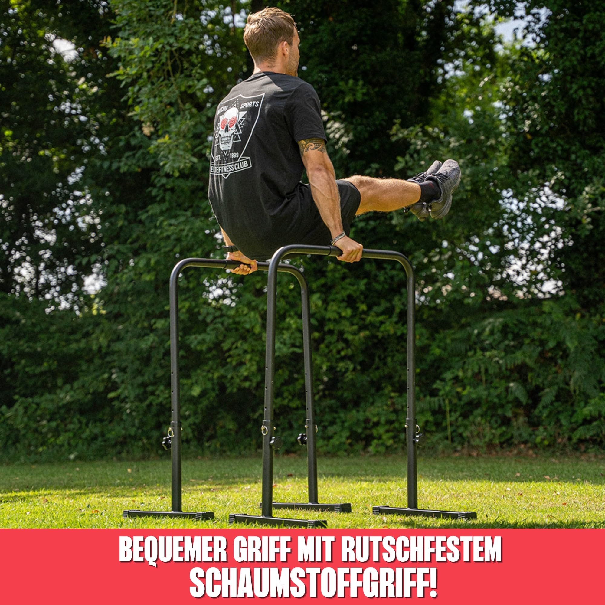 MATCHU - Verstellbare Dip Barren - Parallettes - Verstellbar in 75, 82, 89, 96 und 103 cm - 2er Set - Komfortabler Griff mit Rutschfesten Schaumstoffgriffen - Stahl - Schwarz