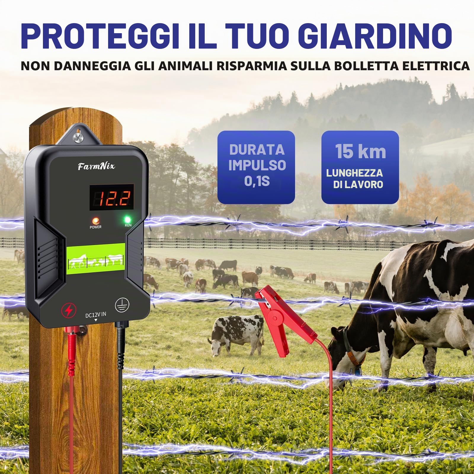 Recinto Elettrico per Animali a 12V con Display a LED, Portata 15 km, 2 Joule Elettrificatore per Recinto Elettrico 12KV per La Protezione di Bestiame, Pascoli Centralina di Controllo(Nero Grigio)