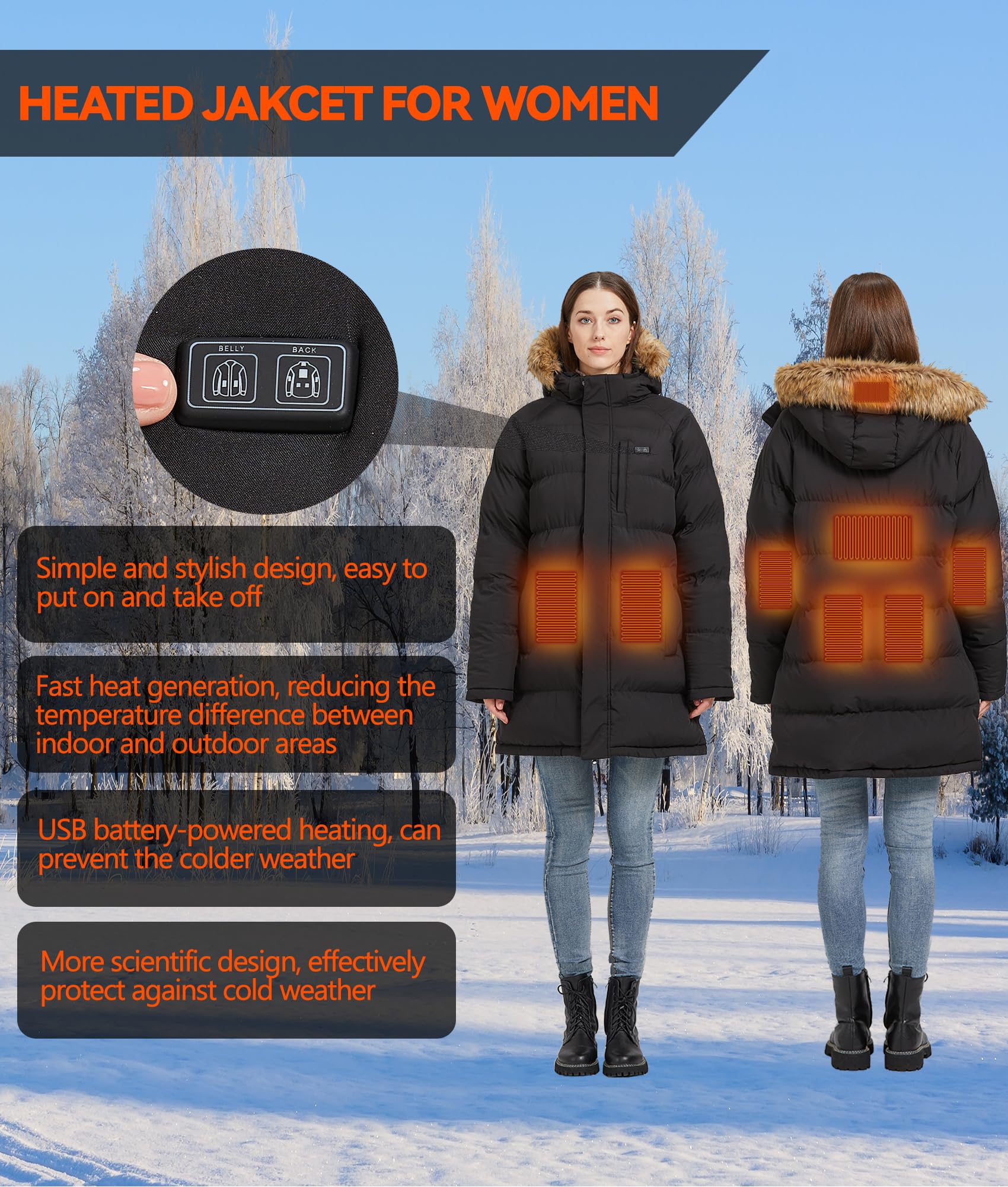 Heated Jackets for Women,Heated Jacket 8 Heating Zones,Long Winter Coats for Women (S)