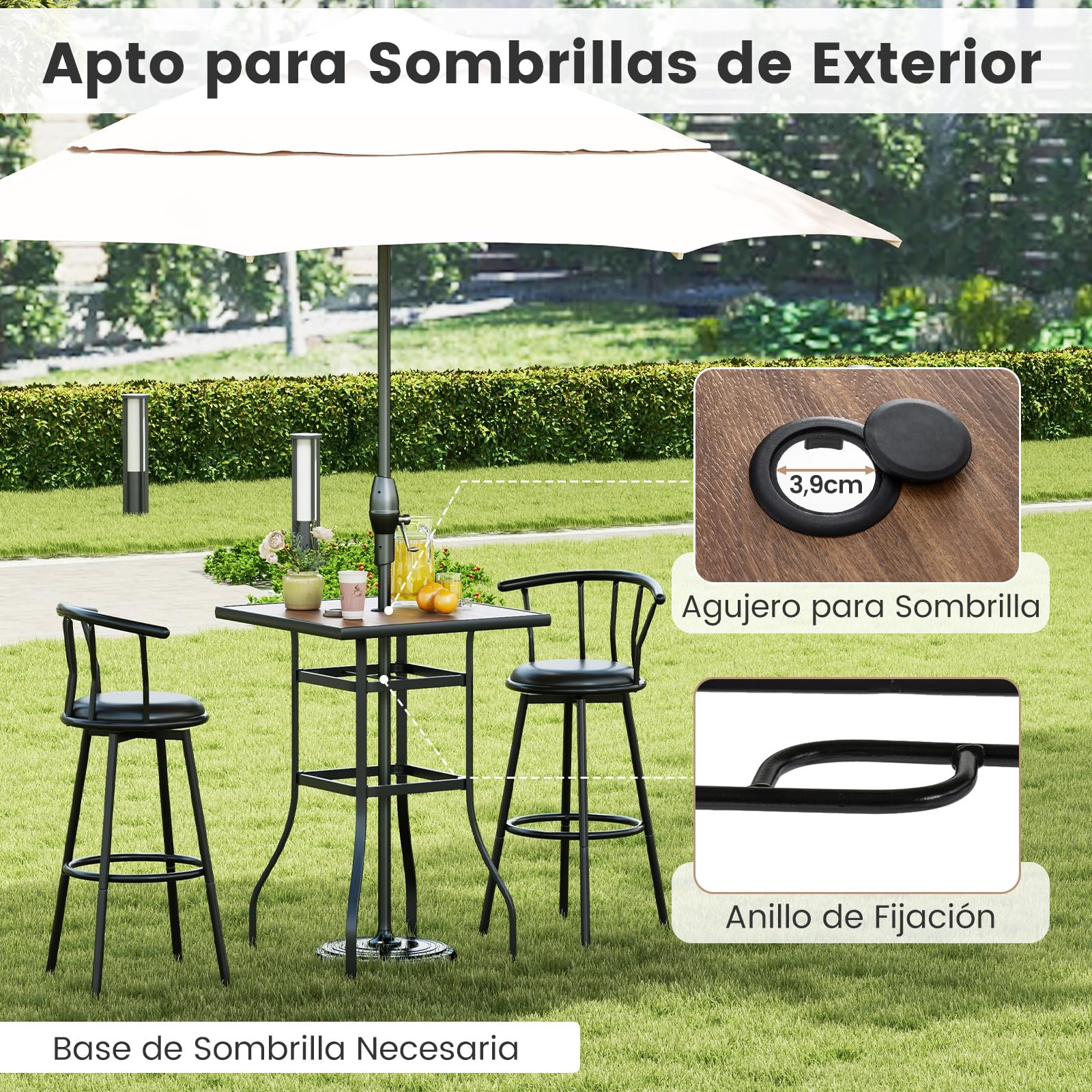 COSTWAY Mesa Alta Cocina, Mesa Alta Cuadrada 70cm, Mesa Bar con Orificio para Sombrilla de 39 mm, Estructura de Metal, Mesa Alta Exterior Jardin Terraza