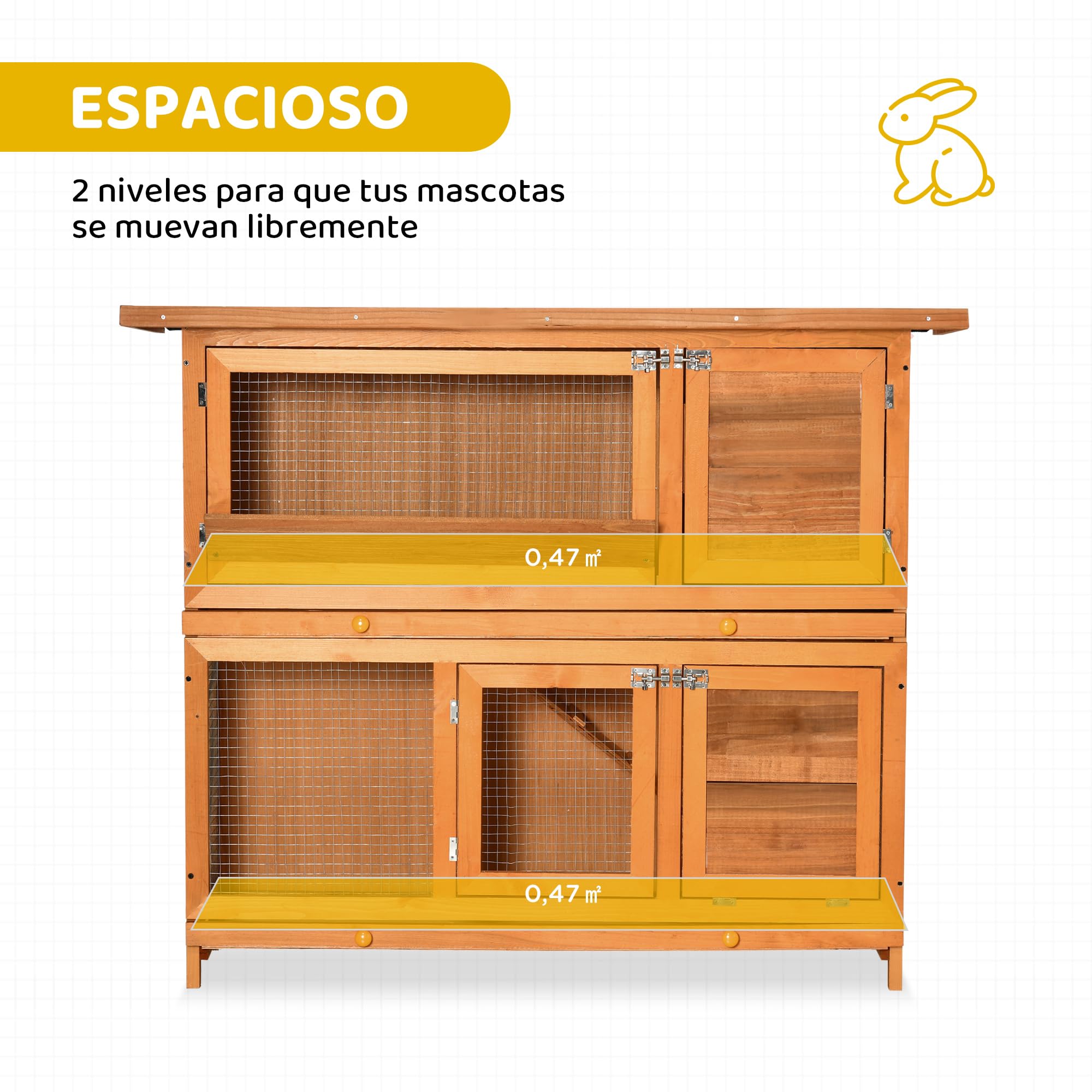 PawHut Conejera de Madera Exterior de 2 Niveles, Jaula para Conejos con Techo de Asfalto Abatible, Puertas, Rampa y 2 Bandejas Extraíbles, 120x48x100 cm, Madera Natural