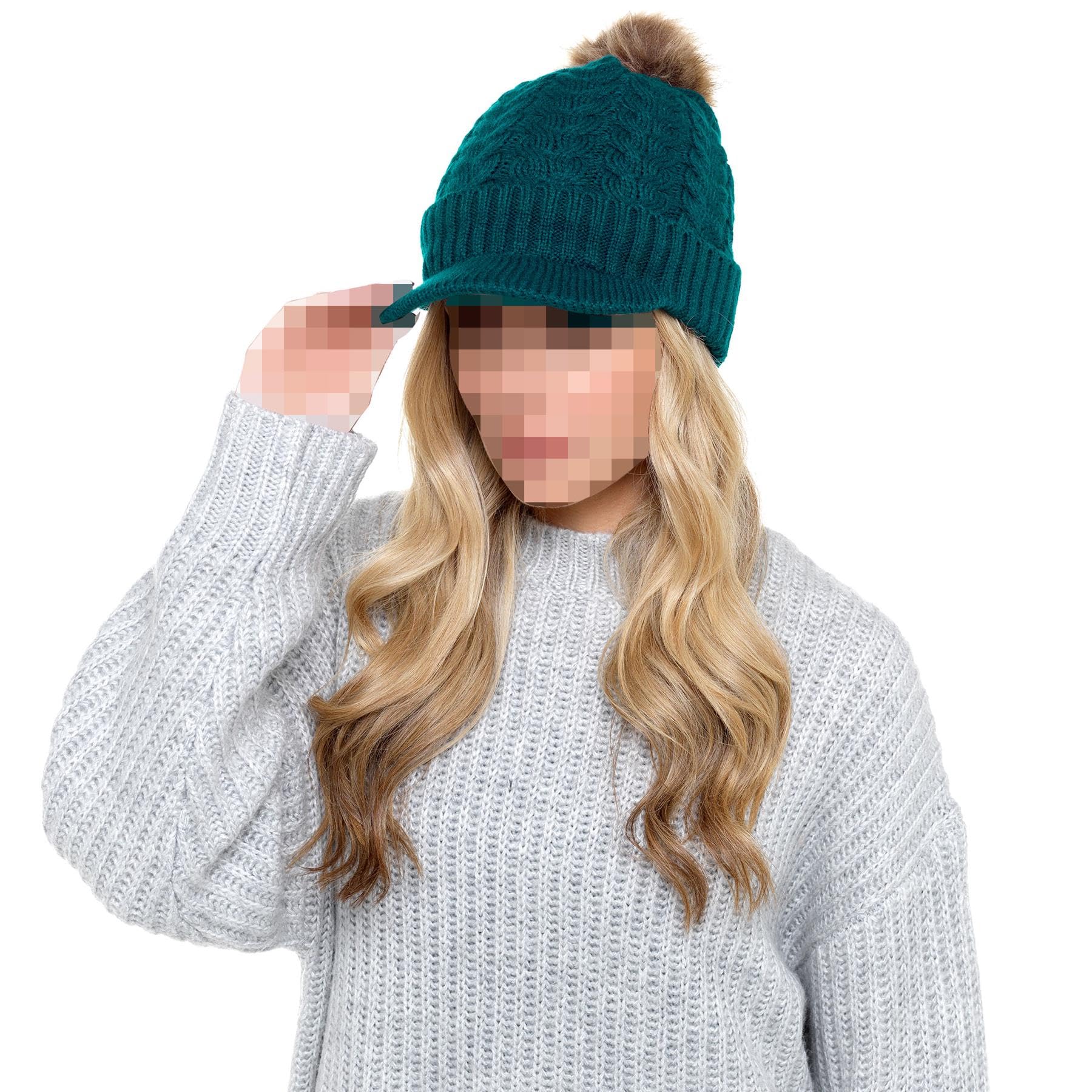 A2z Women's Green Hat Cable Knitted Peaked Sherpa Lined Detachable Faux Fur Pom - Hat Lh873 One Size