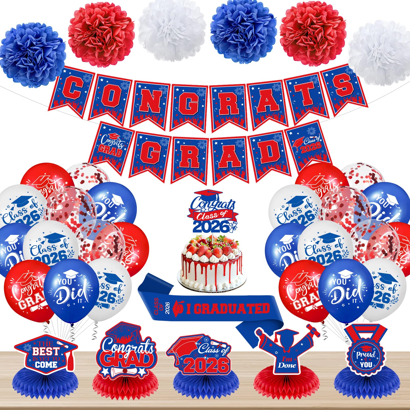 Photo 1 of 38Pcs Red Blue Graduation Decorations Class of 2026 Congrats Grad Party Supplies with Graduation Banner Balloons Sash Honeycomb Cake Topper Pompoms for High School College Graduates Celebrations