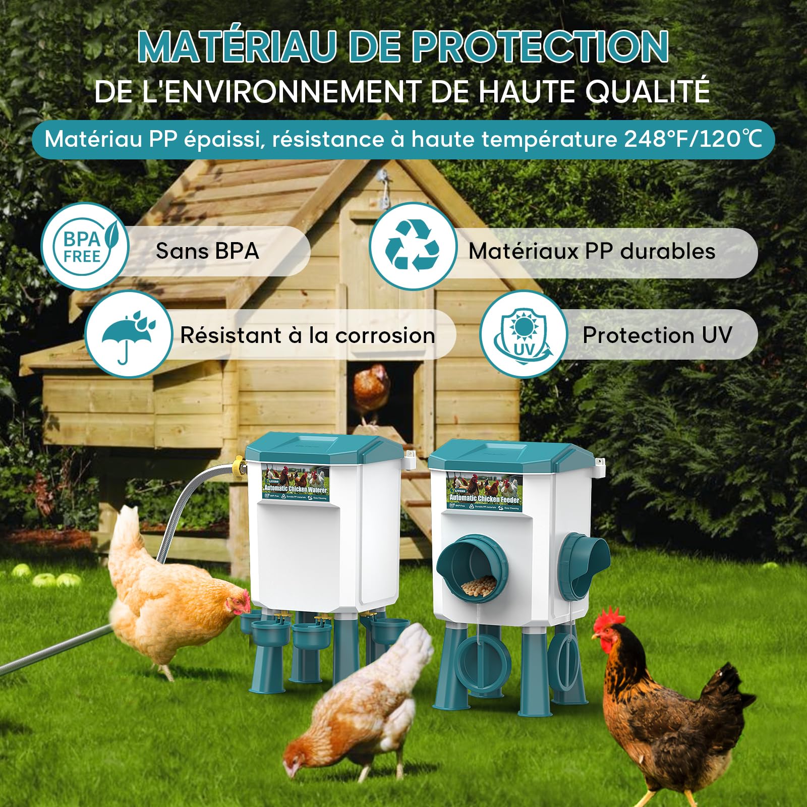 CHAMUTY Mangeoire Poules Anti Nuisible, Abreuvoir Poules Automatique 7 litres avec Pieds, Flotteur Filtré, Tuyau en Acier Inoxydable de 1,5 m, Distributeur Eau Automatique