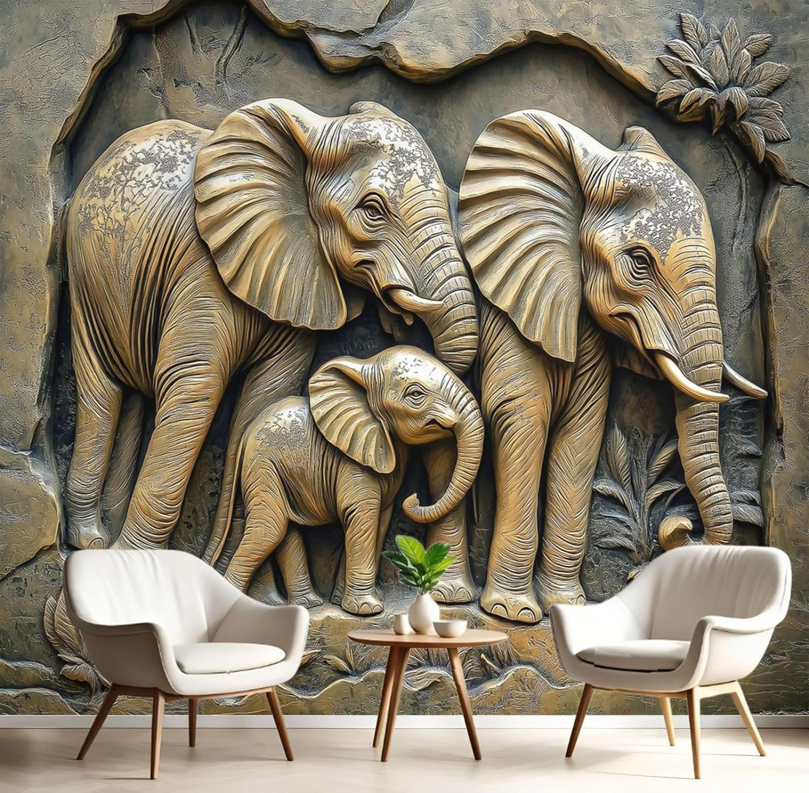 Kfjhgbdshhj 3D Mural Photo Mural-Wallpaper 3D Effect Elephant Family, Rock Animals Wall Mural, Modern Wall Mural For Bedroom Or Living Room, 350Cm X 256Cm Poster - Wall Sticker - Frameless Picture