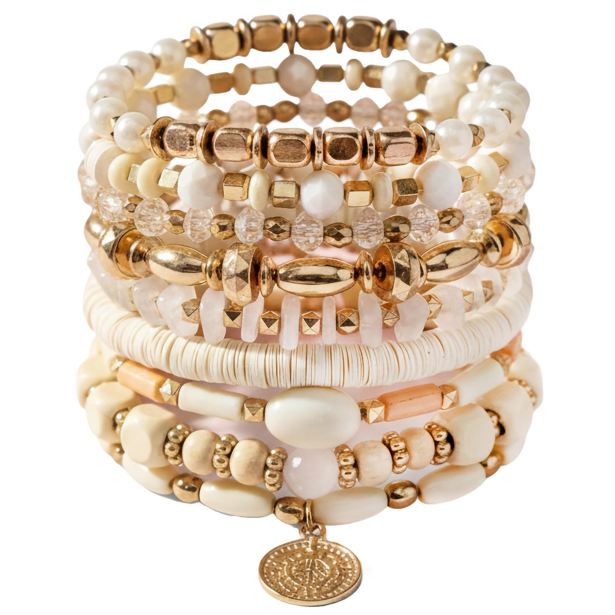 indikonb Bohemian Bracelet Set for Women - 9-Piece Combo in Elegant Beige Theme - Stretchable and Stylish Jewelry-picture-2